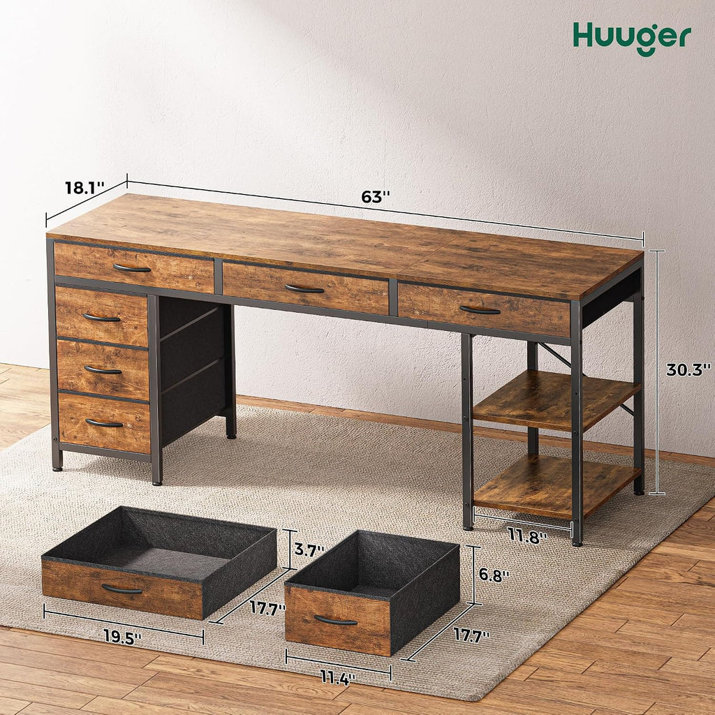Huuger Computer Desk with 6 Drawers, Office Desk with Shelves, Reversible Gaming Desk, Large Corner Desk with Storage, Work for Home Office, Study, Living Room, 63inch, Rustic Brown