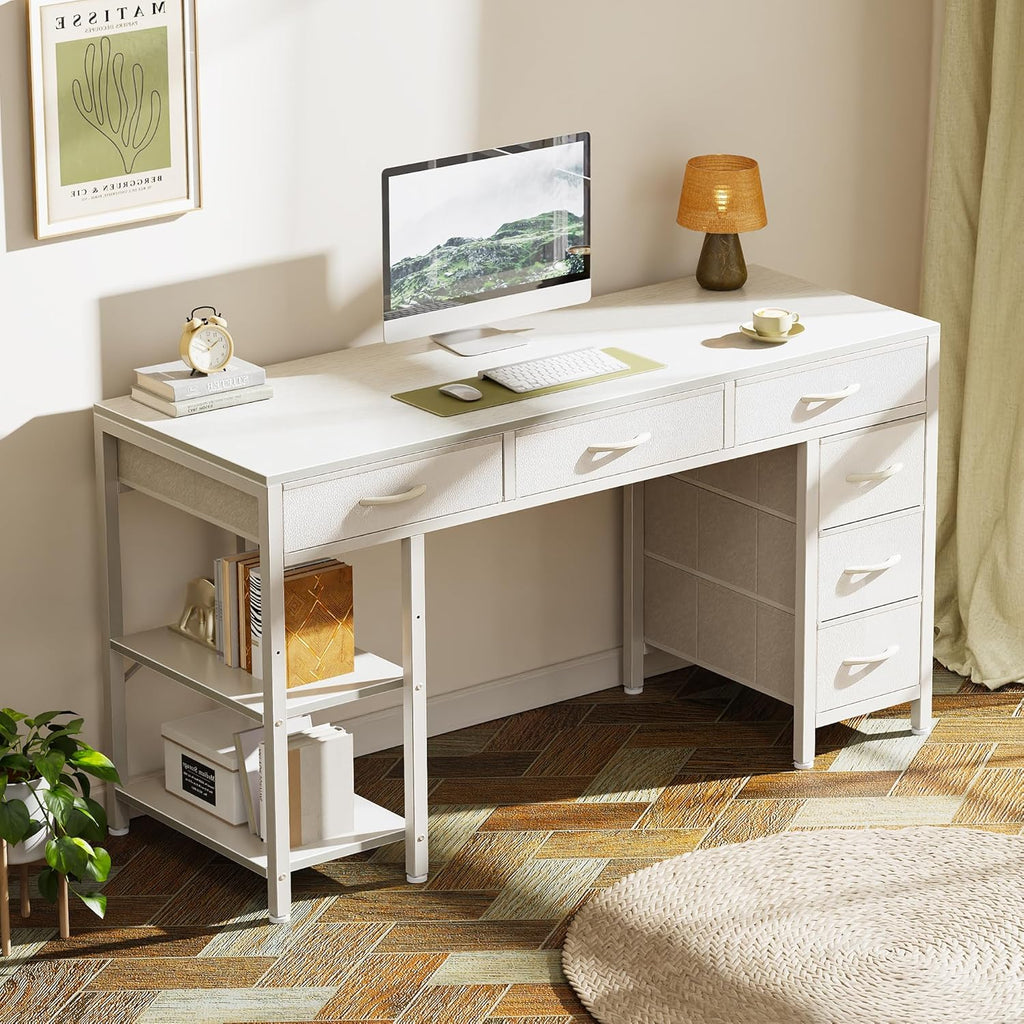 Huuger Computer Desk with 6 Drawers, Office Desk with Shelves, Reversible Gaming Desk, Corner Desk with Storage, Work for Home Office, Study, Living Room, 47inch, White