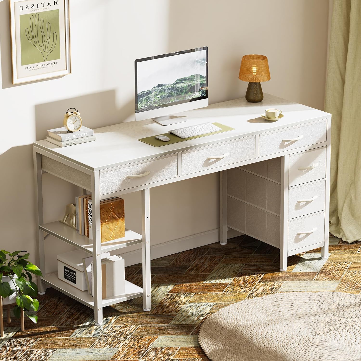 Huuger Computer Desk with 6 Drawers, Office Desk with Shelves, Reversible Gaming Desk, Corner Desk with Storage, Work for Home Office, Study, Living Room, 47inch, White