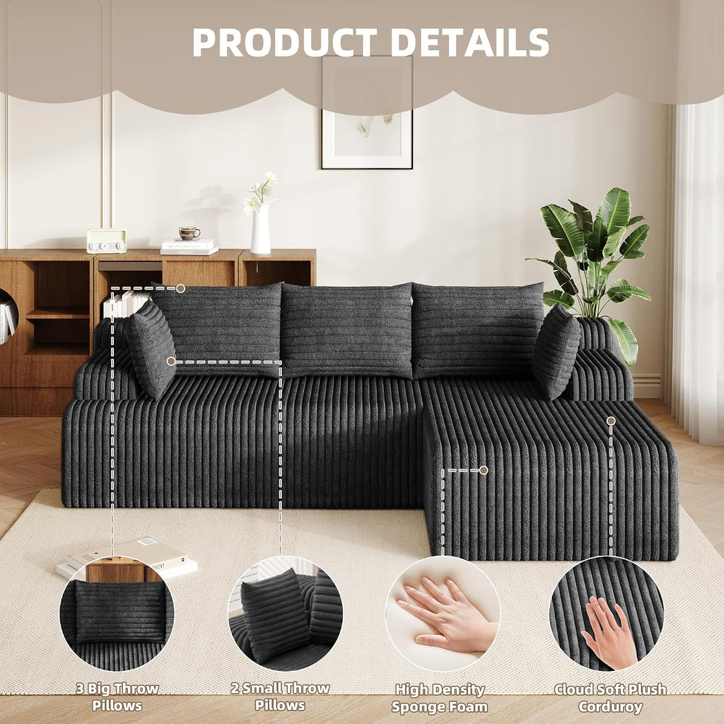 2026 New Boneless Couch, No Assembly Cloud Couch Sectional with Deep Seat & Chaise for Small Space, Upholstered Boneless Sectional Couch for Living Room, L Shaped Couch with Right Facing Chaise, Grey