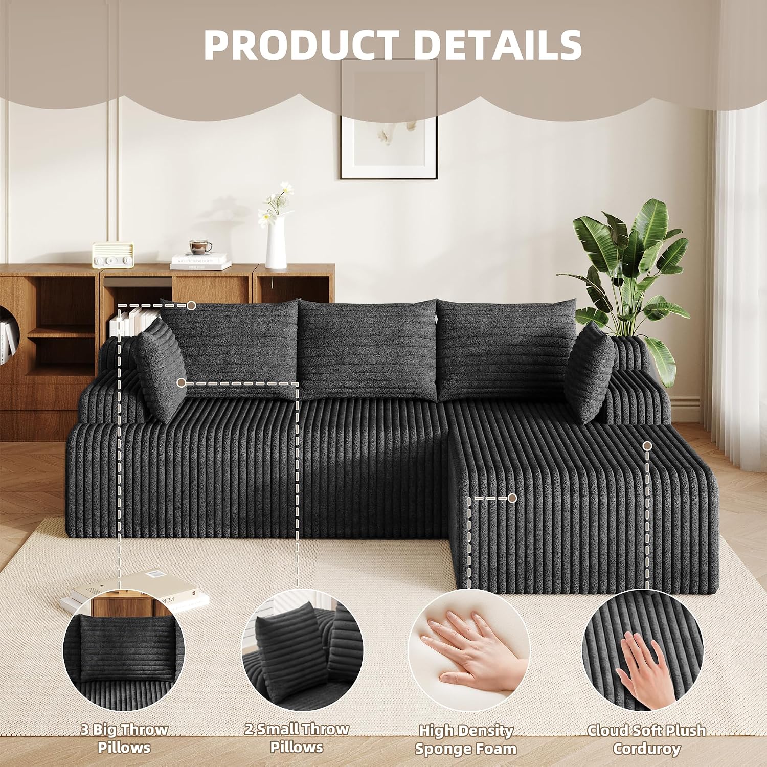 2026 New Boneless Couch, No Assembly Cloud Couch Sectional with Deep Seat & Chaise for Small Space, Upholstered Boneless Sectional Couch for Living Room, L Shaped Couch with Right Facing Chaise, Grey