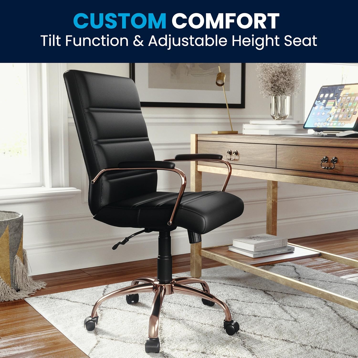 Flash Furniture Whitney Mid-Back Swivel LeatherSoft Desk Chair with Padded Seat and Armrests, Adjustable Height Padded LeatherSoft Office Chair, Black/Rose Gold