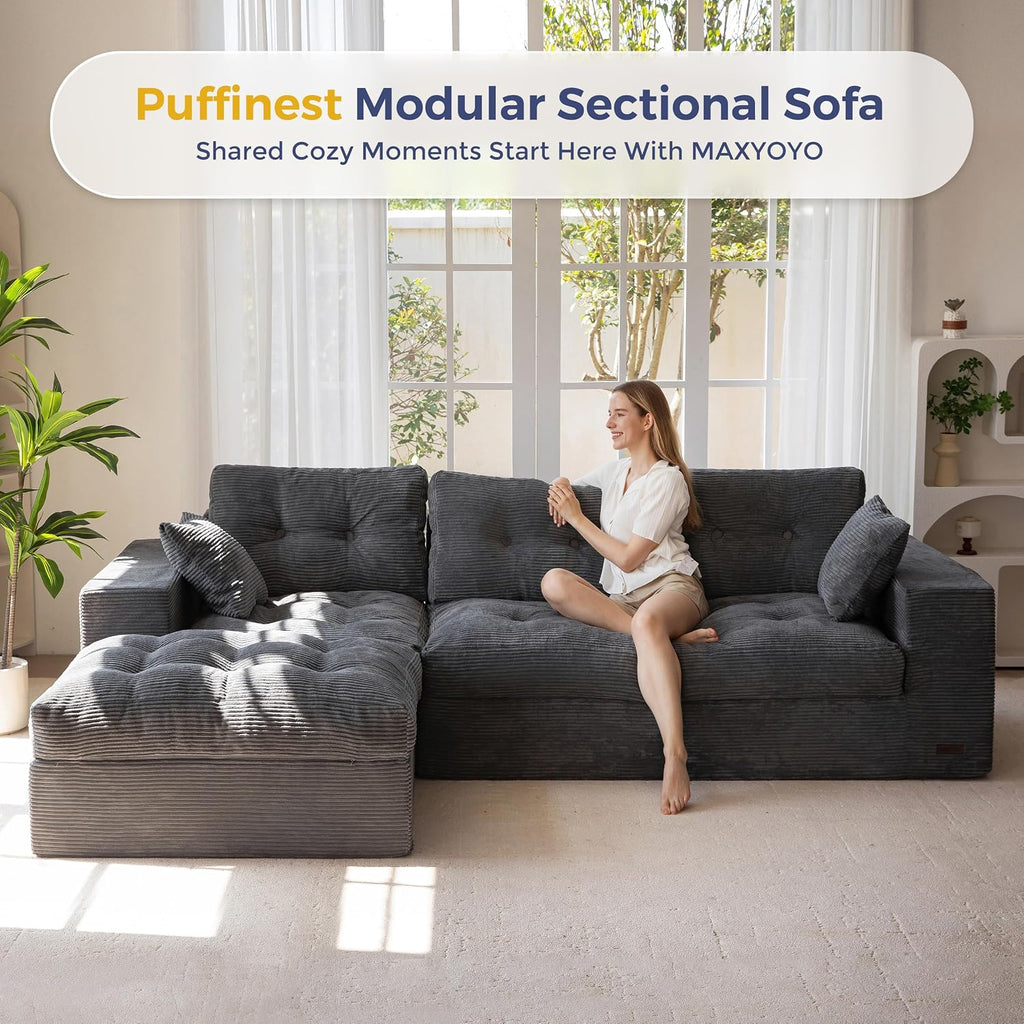 MAXYOYO 104' L Shaped Modular Sectional Sofa with Ottoman, Cloud Boneless Couch with Layered Cushion, Upholstered Sofa Flexible Module Combination for Living Room, No Assembly, Dark Grey