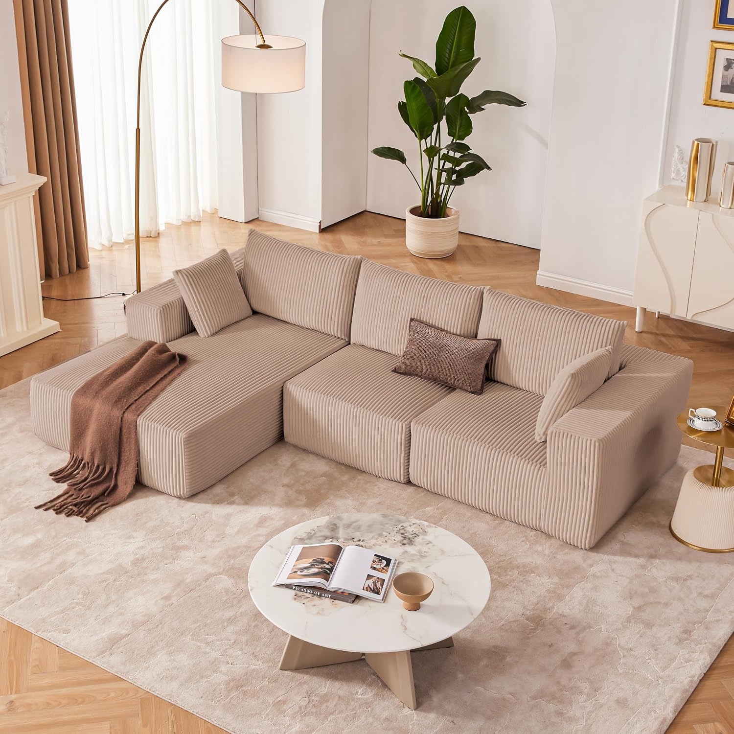 108' Modular Sectional Sofa, Cloud Sectional Couch with Deep Seat, Boneless Couches for Living Room Bedroom, Modern Modular L-Shape Sofa Couch with Chaise (Camel, Left Facing Chaise)