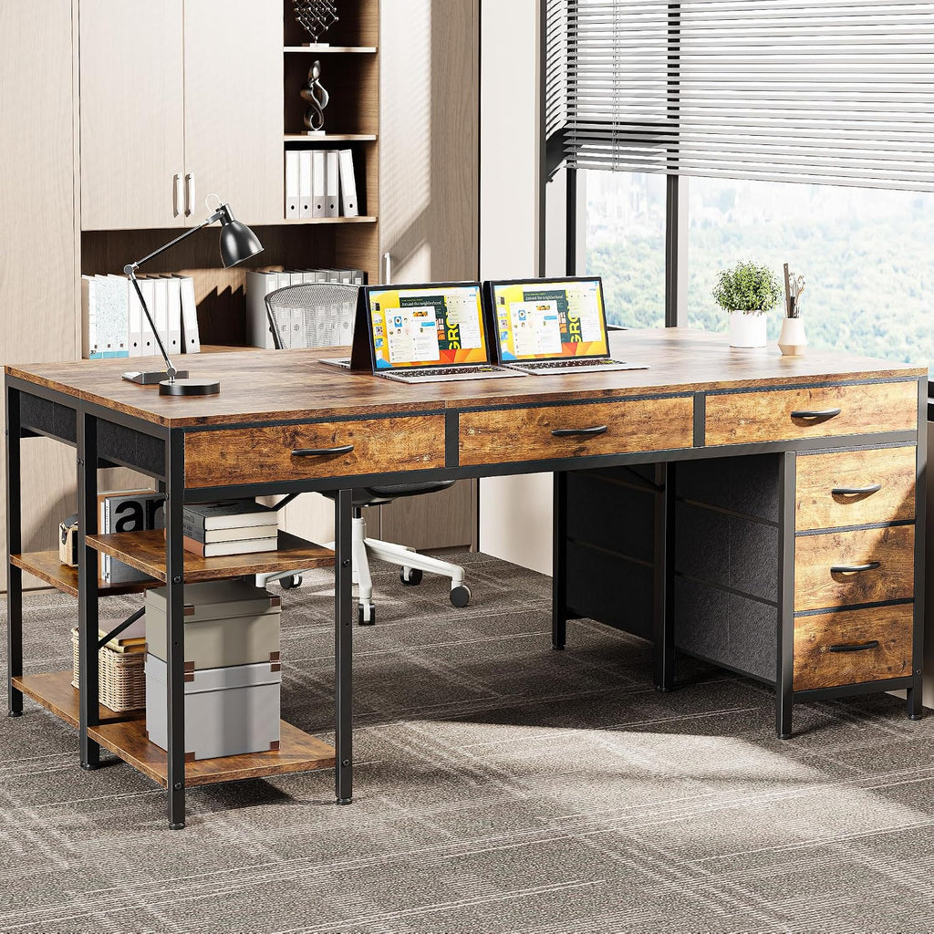 Huuger Computer Desk with 6 Drawers, Office Desk with Shelves, Reversible Gaming Desk, Large Corner Desk with Storage, Work for Home Office, Study, Living Room, 63inch, Rustic Brown