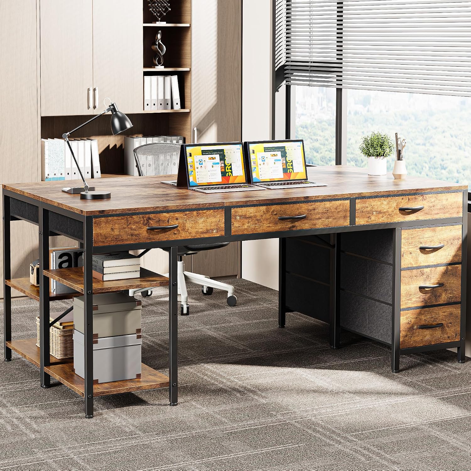 Huuger Computer Desk with 6 Drawers, Office Desk with Shelves, Reversible Gaming Desk, Large Corner Desk with Storage, Work for Home Office, Study, Living Room, 63inch, Rustic Brown
