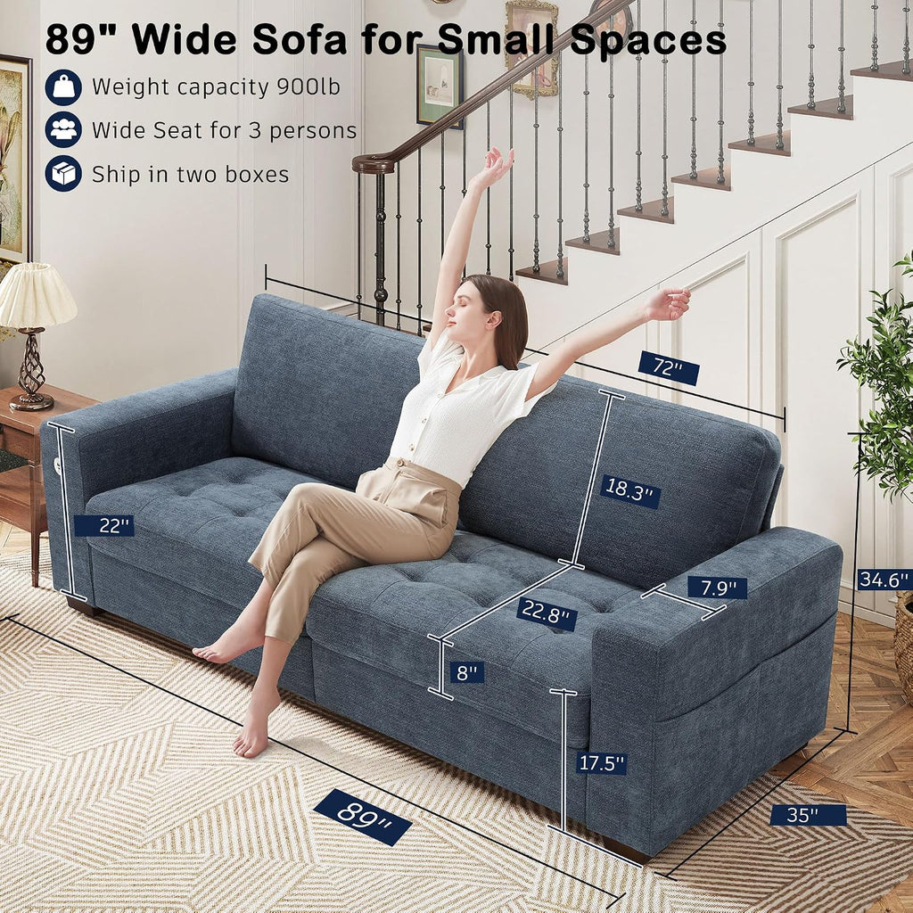Hanherry 89' Sofa for Living Room, Modern Comfy Couch with Medium Firm Seat Cushion, Removable Cover,Wide Armrest,USB/Type-C Port,Chenille Fabric Couches for Small Space,Apartment