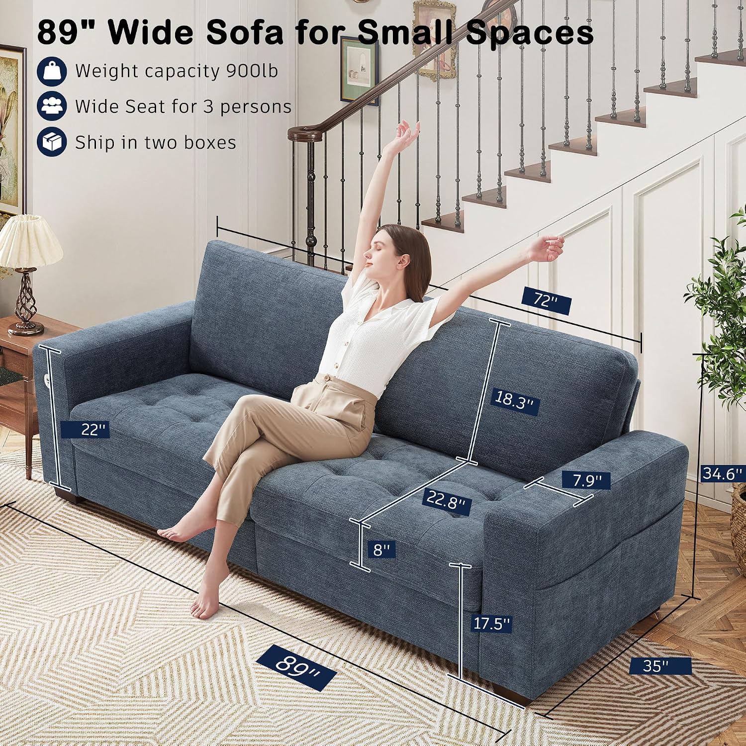 Hanherry 89' Sofa for Living Room, Modern Comfy Couch with Medium Firm Seat Cushion, Removable Cover,Wide Armrest,USB/Type-C Port,Chenille Fabric Couches for Small Space,Apartment