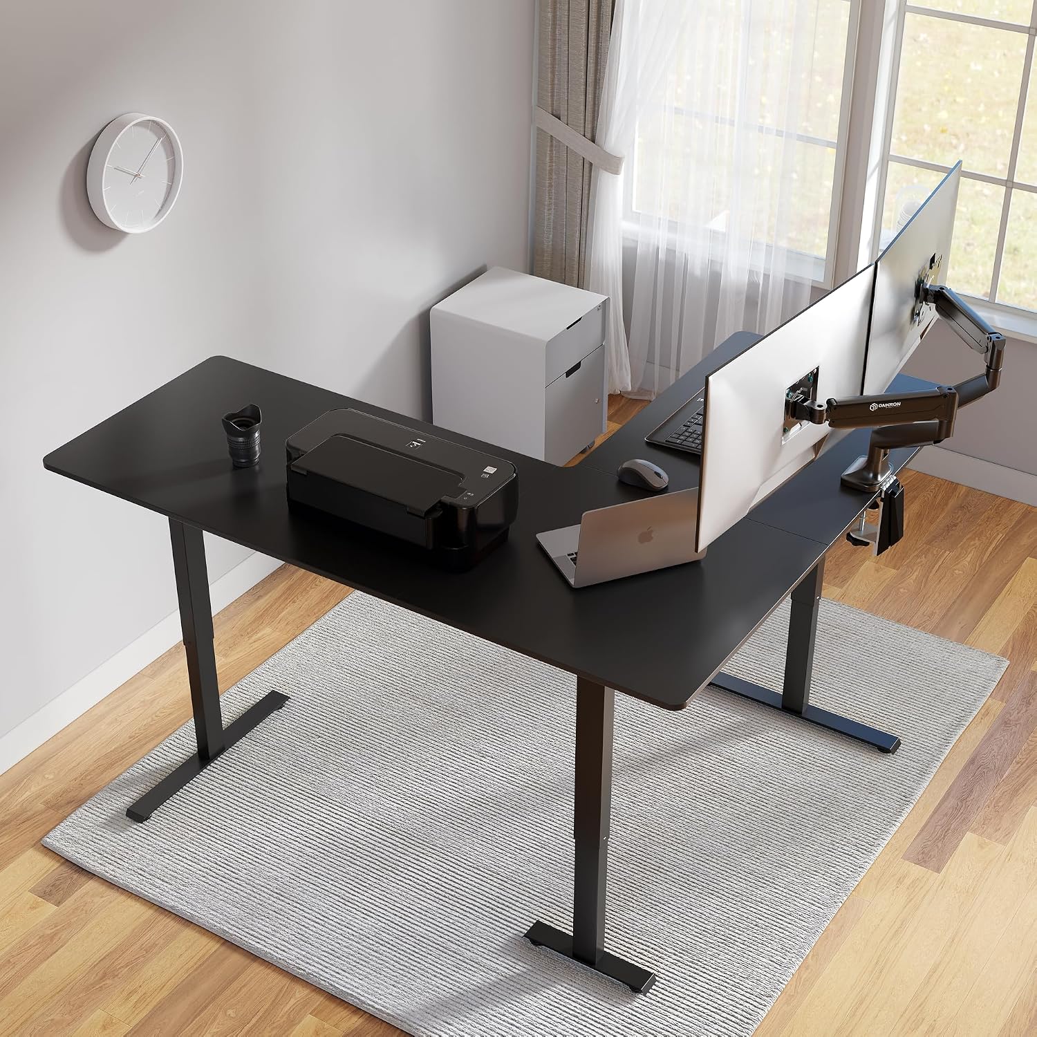 FEZIBO 63' x 55'L Shaped Standing Desk Adjustable Height, 63 Inch Electric Stand up Corner Computer Desk, Sit Stand Home Office Desk with Splice Board, Black