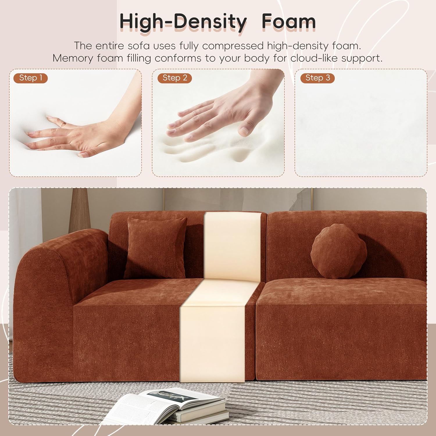 Merax 140' Curved Polyester Sectional Sofa Set, 7 Seat Modern Cloud Couch with Chaise Lounge,3 Pillows, Fully Assembled for Living Room, Orange