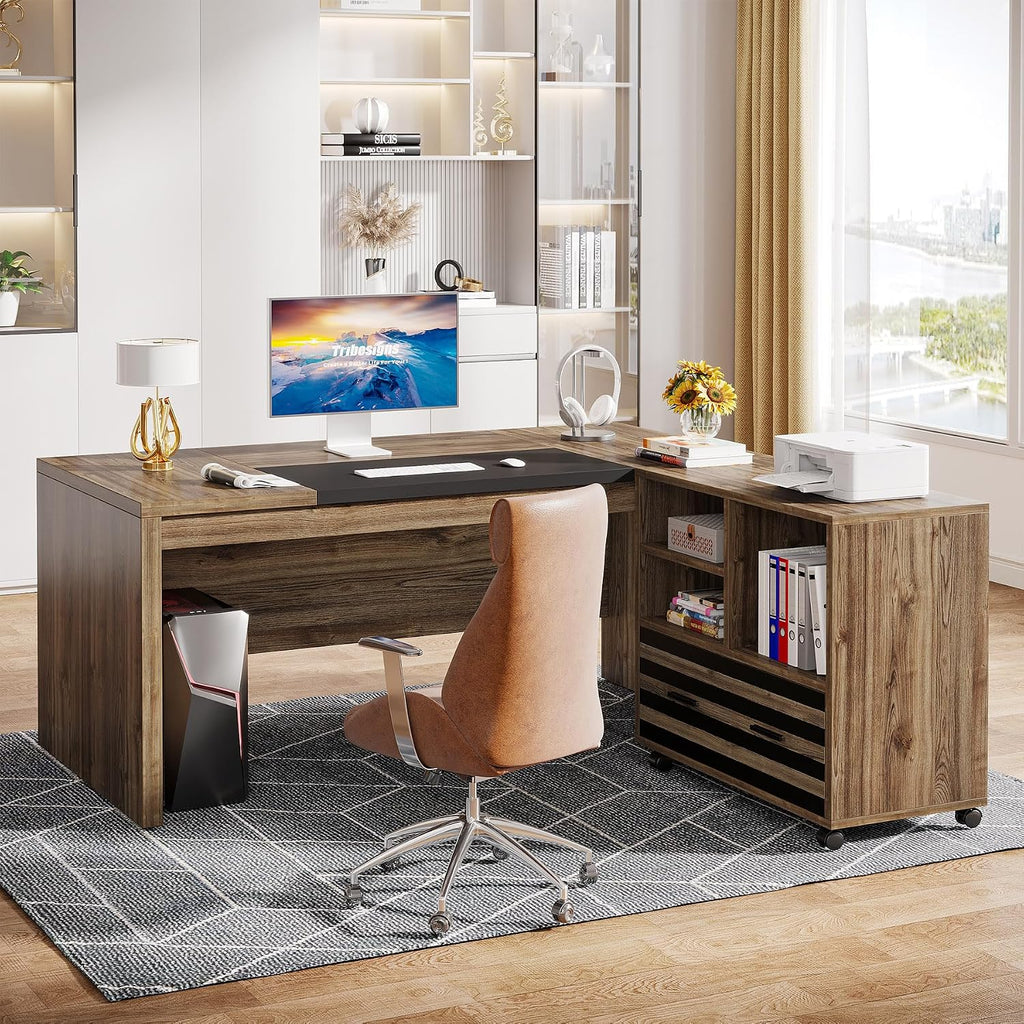 Tribesigns 62.2' Executive Desk with Mobile File Cabinet, L-Shaped Office Desk with Storage Shelves, Large Computer Desk Business Workstation Set for Home Office, Light Brown