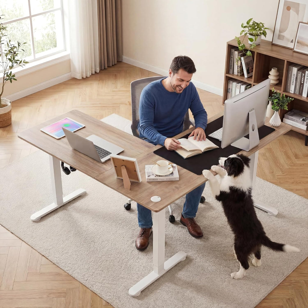 63' L Shaped Standing Desk,Electric Height Adjustable Corner Stand Up Desk, Ergonomic Sit Stand Home Office Computer Desk with Splice Board (Oak)