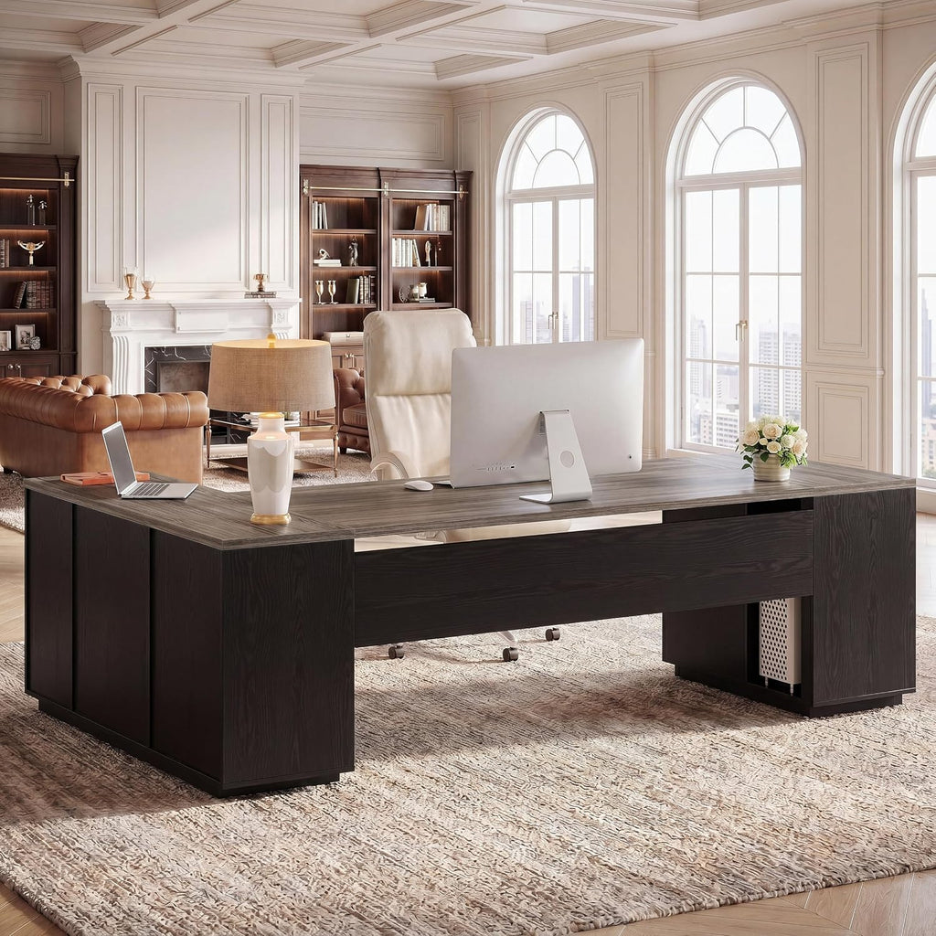 Tribesigns 85.8-Inch L-Shaped Executive Desk with File Drawers, Door Cabinet & Shelves, Extra Large Commercial Office Desk, Modern Professional Office Table Business Furniture, Grey & Black