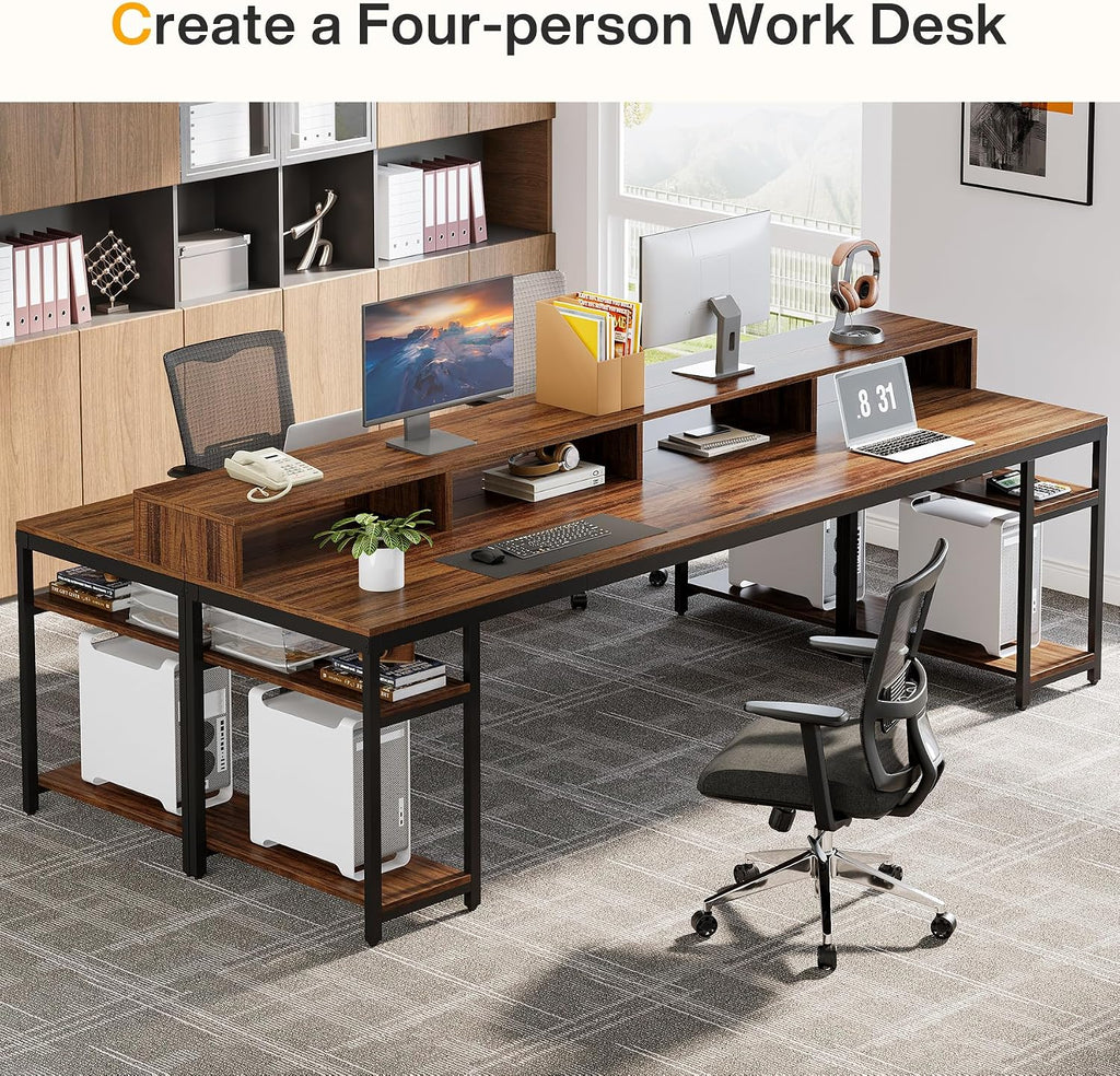 Tribesigns 78.74 Inches Extra Long Two-Person Desk, Double Computer Desk with Monitor Stand and Storage Shelves, Study Work Table for Home Office (Rustic Brown)