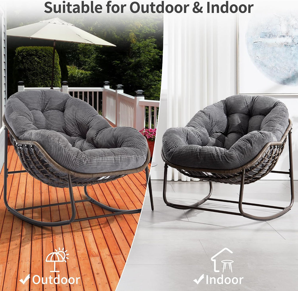HOMEFUN Outdoor Patio Rocking Chairs, Oversized Papasan Rock Chair Indoor with Striped Velvet Padded Cushion - Rocker Egg Seat for Front Porch, Garden, Patio, Backyard Grey