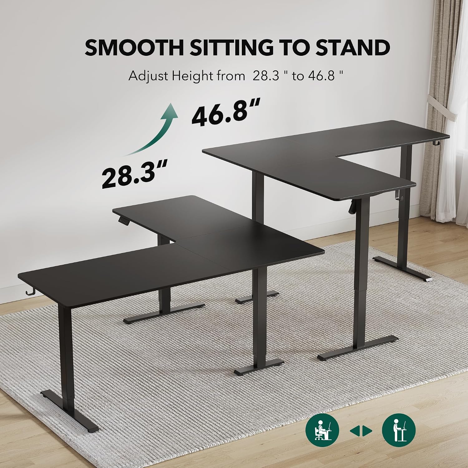 FEZIBO 63' x 55'L Shaped Standing Desk Adjustable Height, 63 Inch Electric Stand up Corner Computer Desk, Sit Stand Home Office Desk with Splice Board, Black