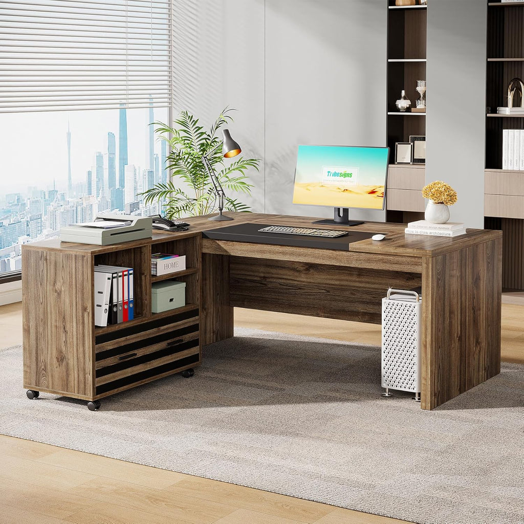 Tribesigns 62.2' Executive Desk with Mobile File Cabinet, L-Shaped Office Desk with Storage Shelves, Large Computer Desk Business Workstation Set for Home Office, Light Brown