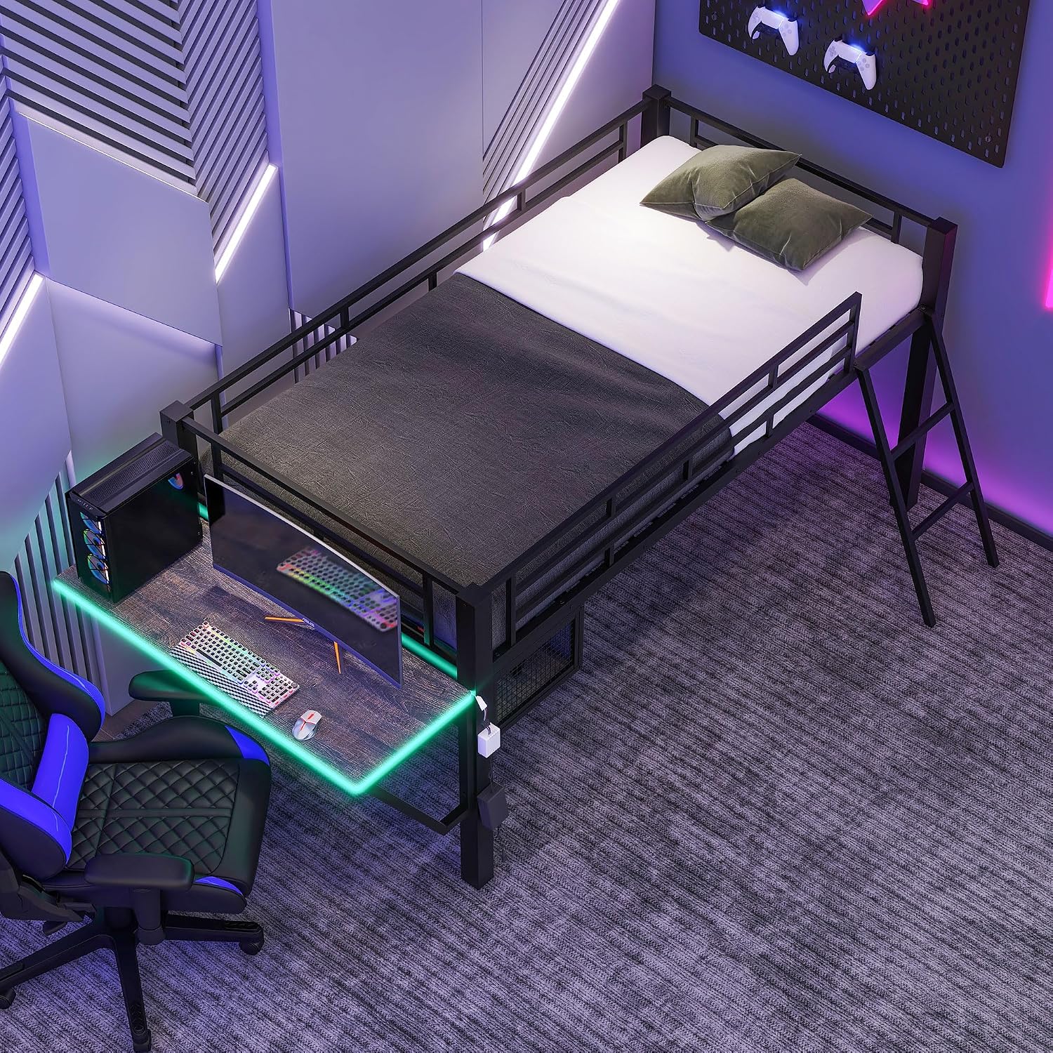 Bellemave Twin Loft Bed with Desk, Gaming mid loft Bed with Desk, LED, Storage Space, Black