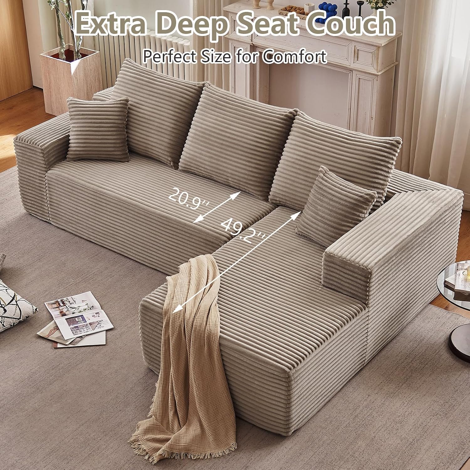 107' Cloud Sectional Couch with L-Shape Chaise, Modern Modular Comfy Sofa Chaise Longue, Upholstered Corduroy Couches Sleeper with Deep Seat for Living Room Bedroom, No Assembly Required, Camel