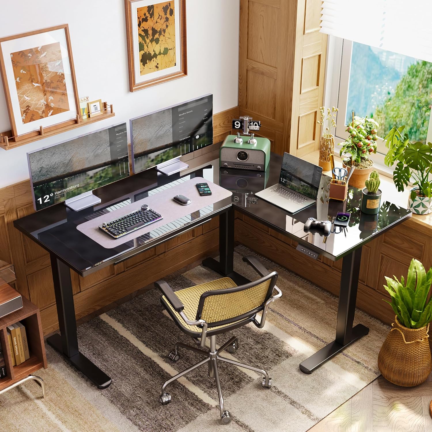 INNOVAR L Shaped Glass Standing Desk Adjustable Height, Dual Motor Electric Corner Standing Desk with Drawers, 63x55 inch Sit Stand up Desk with Splice Board for Home Office, Black