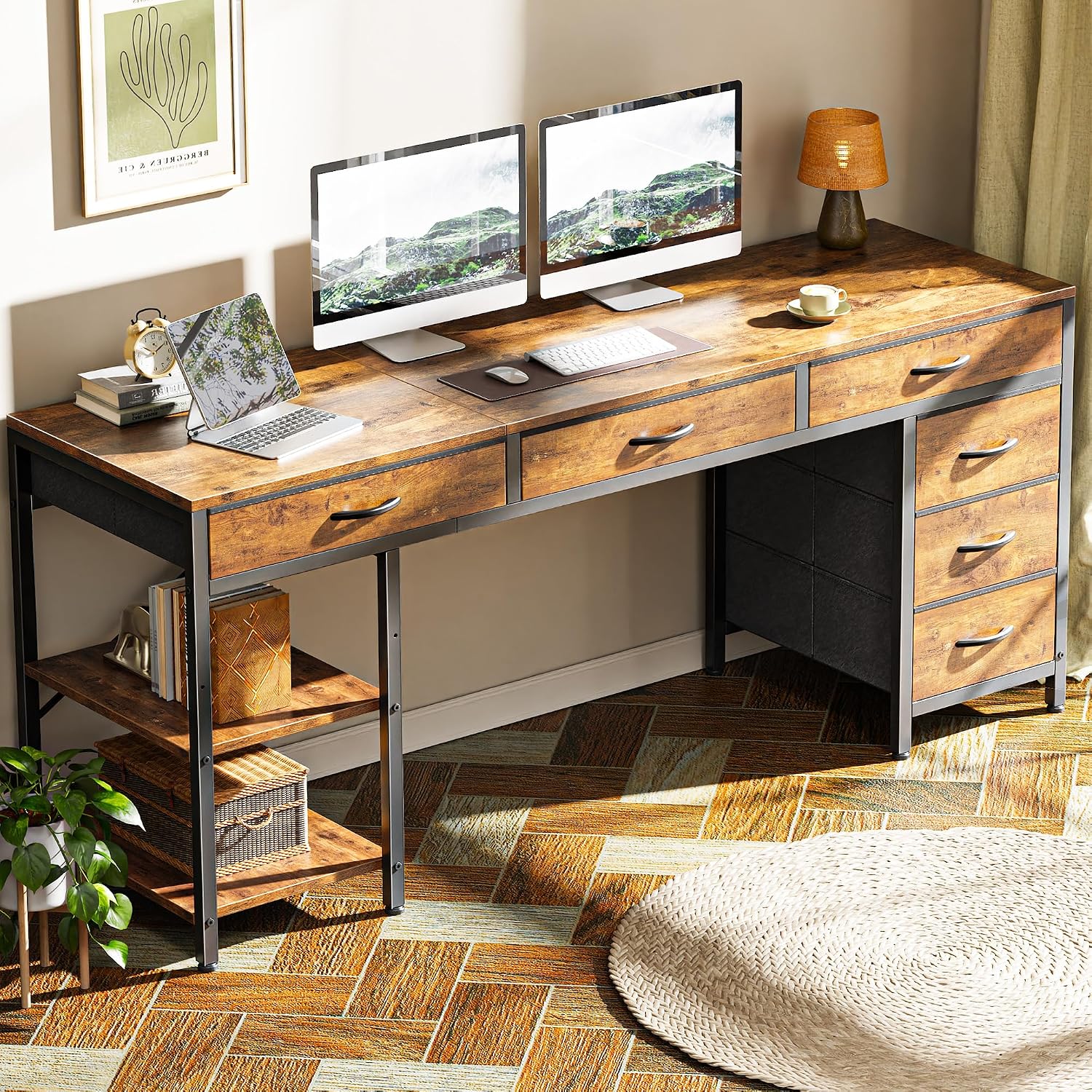 Huuger Computer Desk with 6 Drawers, Office Desk with Shelves, Reversible Gaming Desk, Large Corner Desk with Storage, Work for Home Office, Study, Living Room, 63inch, Rustic Brown