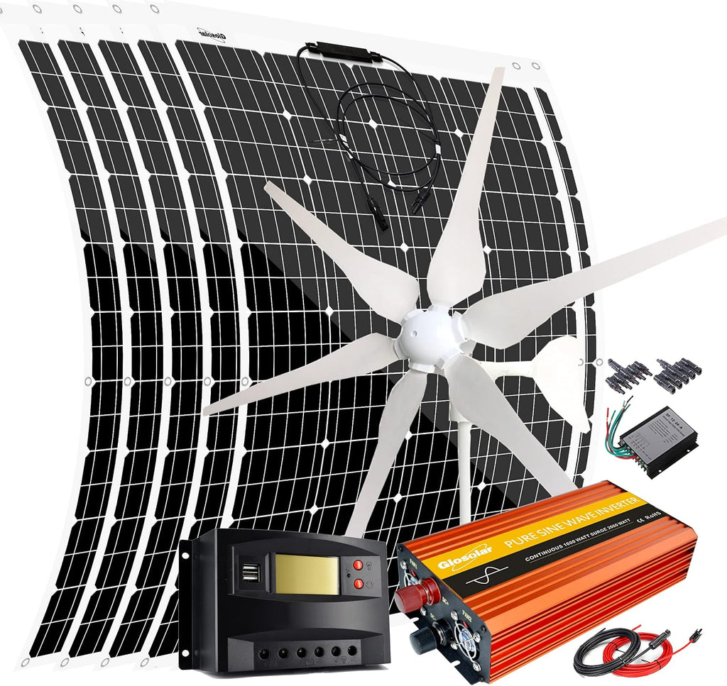 1000W Wind Turbine Generator Kit with 1000W Inverter: 5pcs 120W Flexible Solar Panel/400W 12V Wind Turbine/Solar Charge Controller/Wind Regulator/Cable/Connectors
