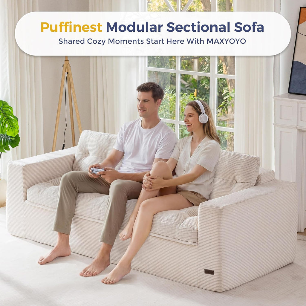 MAXYOYO 79' Loveseat Sofa Couch for Small Spaces, Upholstered Boneless Cloud Couch for Apartment Bedroom, 3-Seater Love Seat Floor Modern Sofa with Pillows, No Assembly Required, Beige