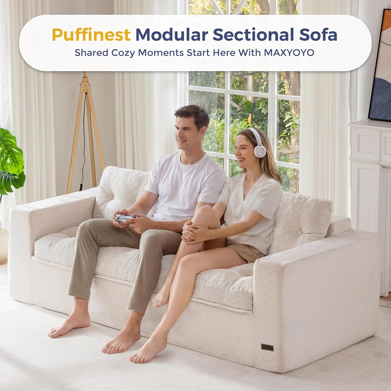 MAXYOYO 79' Loveseat Sofa Couch for Small Spaces, Upholstered Boneless Cloud Couch for Apartment Bedroom, 3-Seater Love Seat Floor Modern Sofa with Pillows, No Assembly Required, Beige