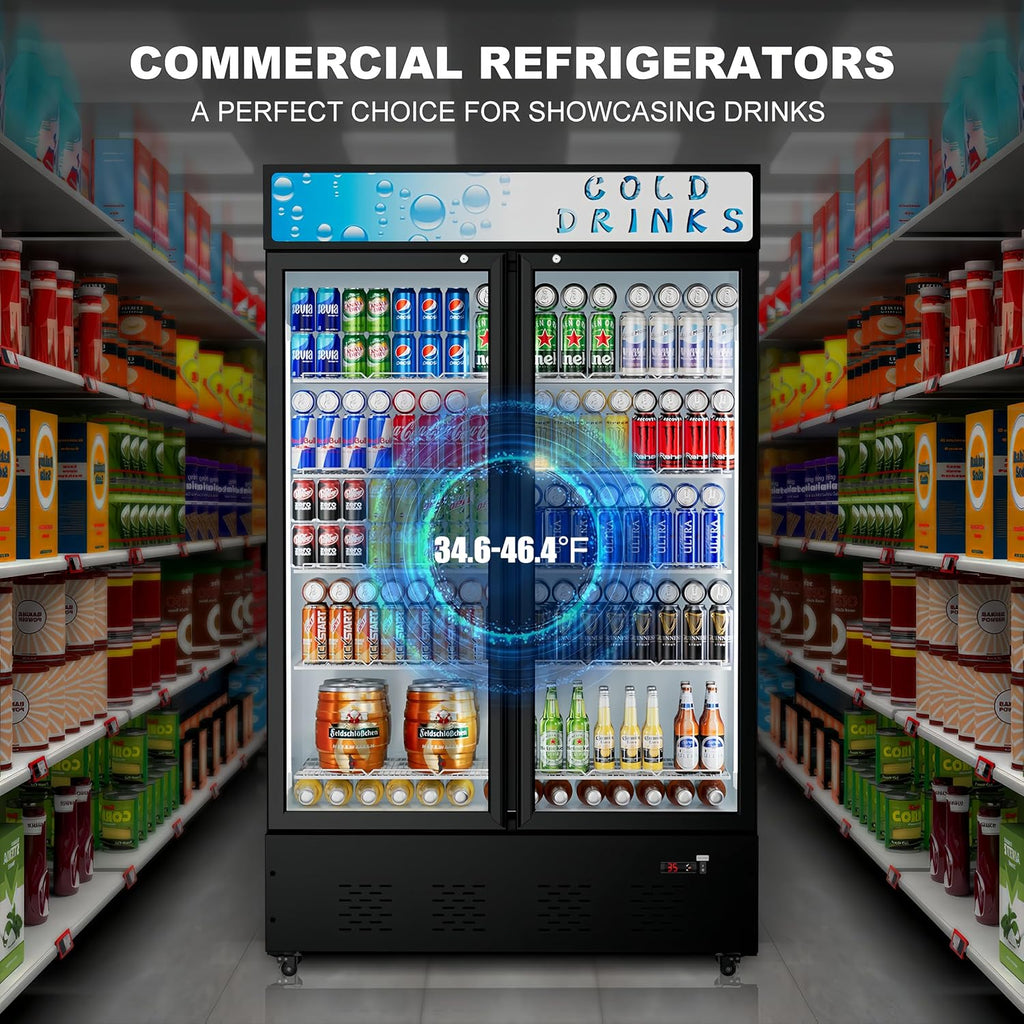 Commercial Beverage Refrigerator, 40 Cu.ft.Display Fridge Glass Door Upright Display Door with Adjustable Shelves LED Light for Restaurant,Grocery Stores,Office