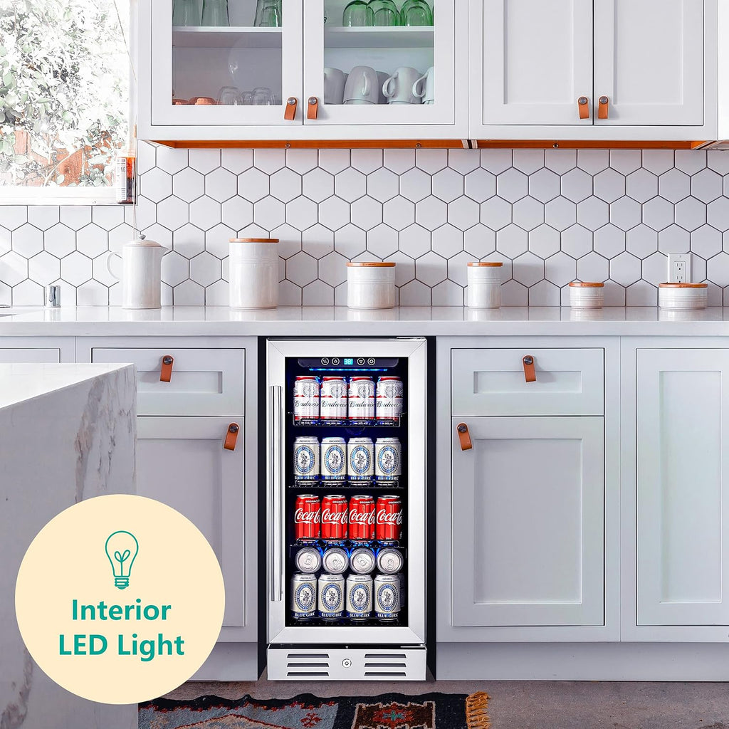 15 Inch Beverage Cooler and Kalamera Refrigerator Under Counter Built-in or Freestanding - 96 Cans Capacity Mini Fridge- for Soda, Water, Beer or Wine - For Kitchen or Bar with Blue Interior Light