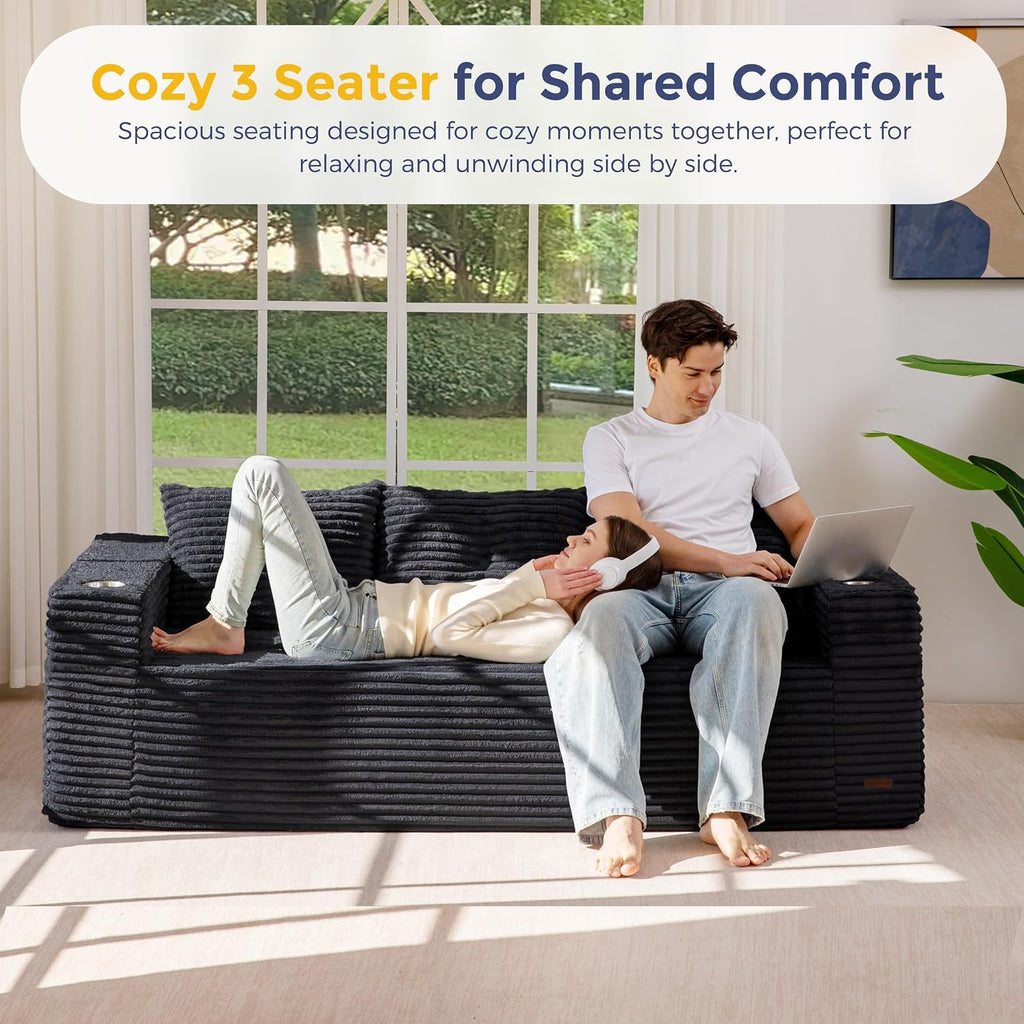 MAXYOYO 79' Oversized Boneless Loveseat Sofa Couch for Small Spaces, Mini Love Seat Floor Couch with Cup Holders and Pillows, 3-Seater Upholstered Cloud Couch for Bedroom, No Assembly Required