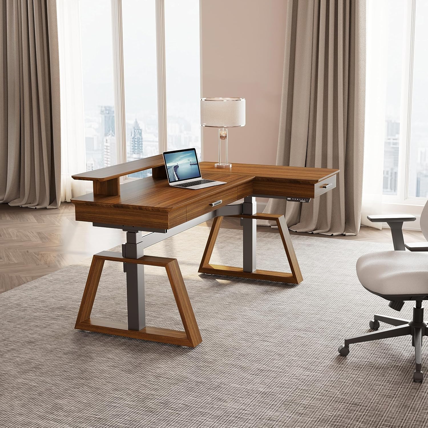 EUREKA ERGONOMIC 63' L-Shaped Standing Desk, Solid Walnut Top, Dual Drawers, Height Adjustable Executive Desk with Monitor Stand, Right, Walnut
