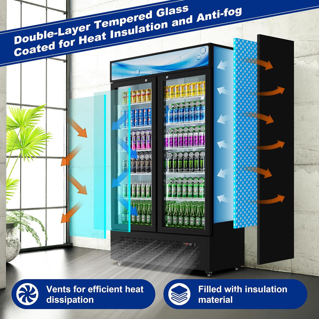 Beverage Cooler Commercial Refrigerator 40.3 Cu.Ft. Glass Door Display Refrigerator with LED Light, Shelves, Display 10 Commercial Beverage Refrigeratorfor Restaurant Cafe Bar Store (40.3 Cu.Ft.)