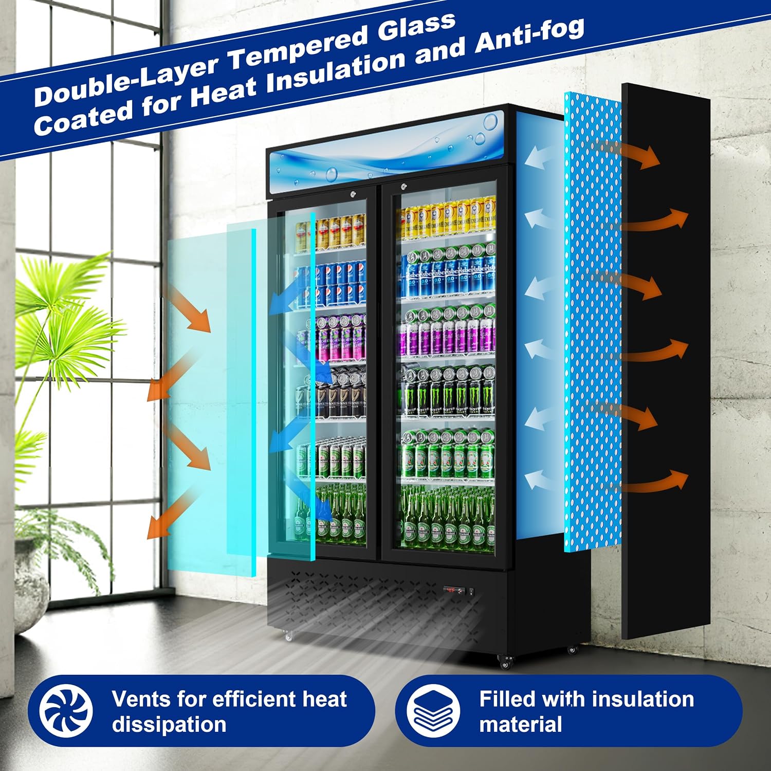 Beverage Cooler Commercial Refrigerator 40.3 Cu.Ft. Glass Door Display Refrigerator with LED Light, Shelves, Display 10 Commercial Beverage Refrigeratorfor Restaurant Cafe Bar Store (40.3 Cu.Ft.)