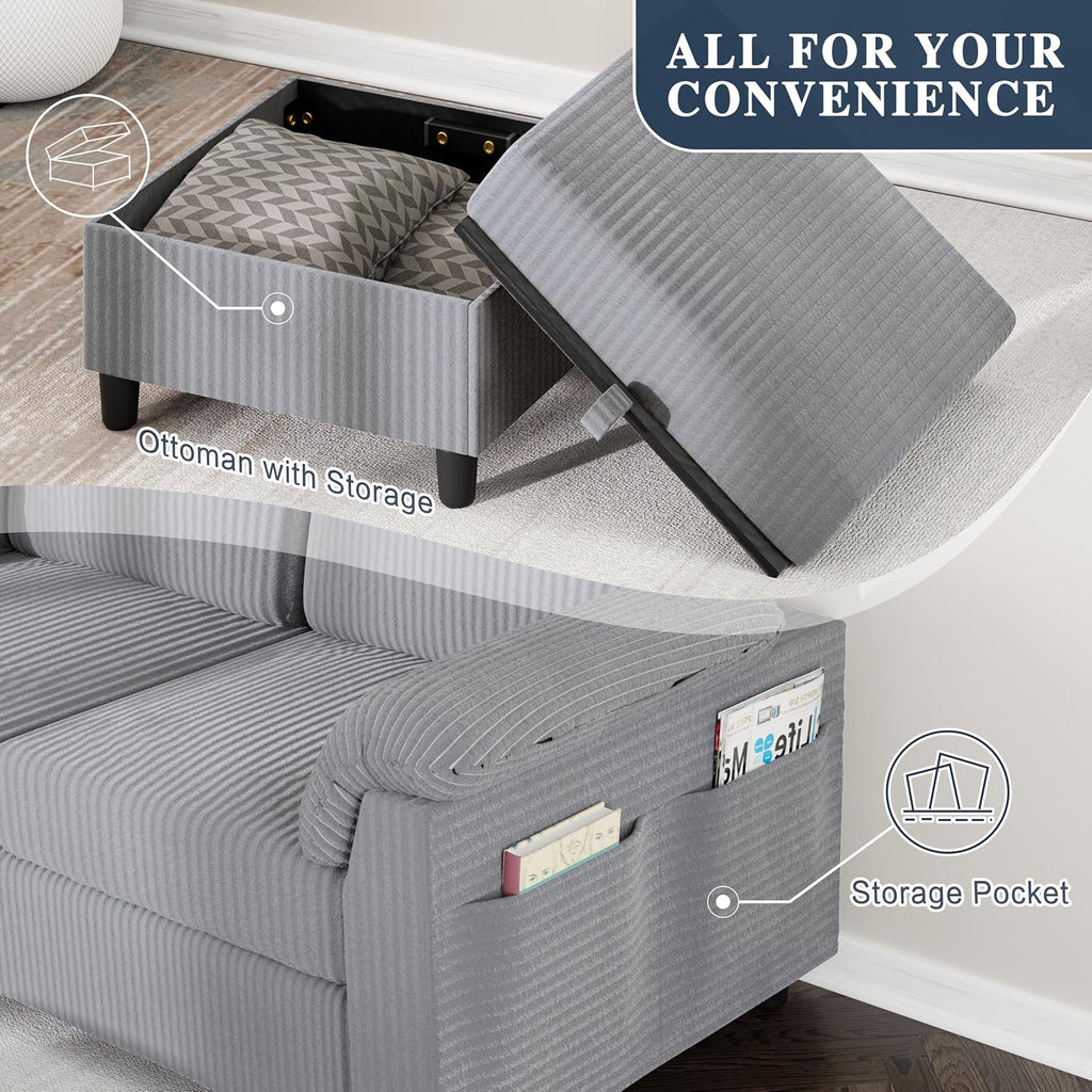 Sectional Sofa Couch for Living Room, 79' Sectional Couches with Storage Ottoman, L Shaped Couch with Sloping Armrests, 3-Seat Sofa Couches for Small Space, Light Grey | Breathable Material