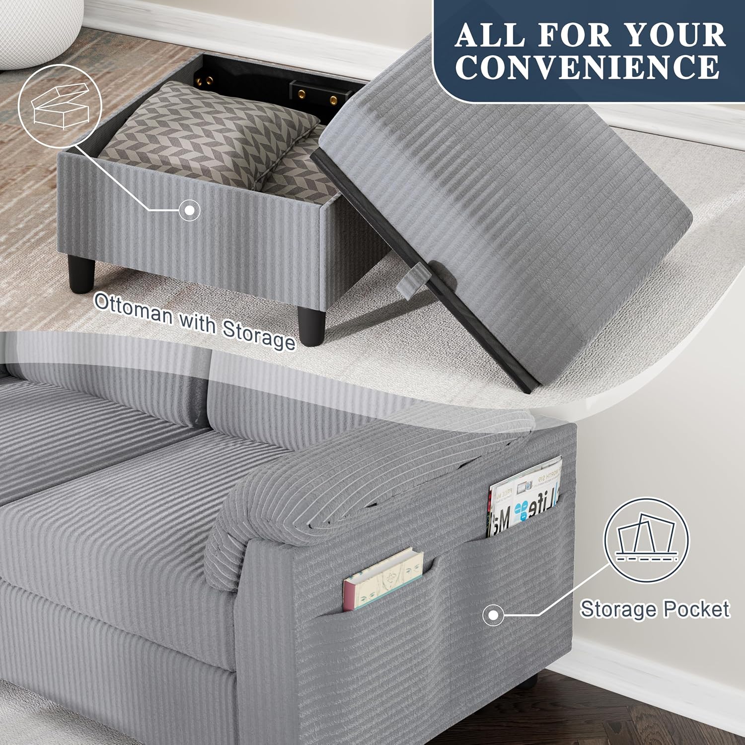 Sectional Sofa Couch for Living Room, 79' Sectional Couches with Storage Ottoman, L Shaped Couch with Sloping Armrests, 3-Seat Sofa Couches for Small Space, Light Grey | Breathable Material