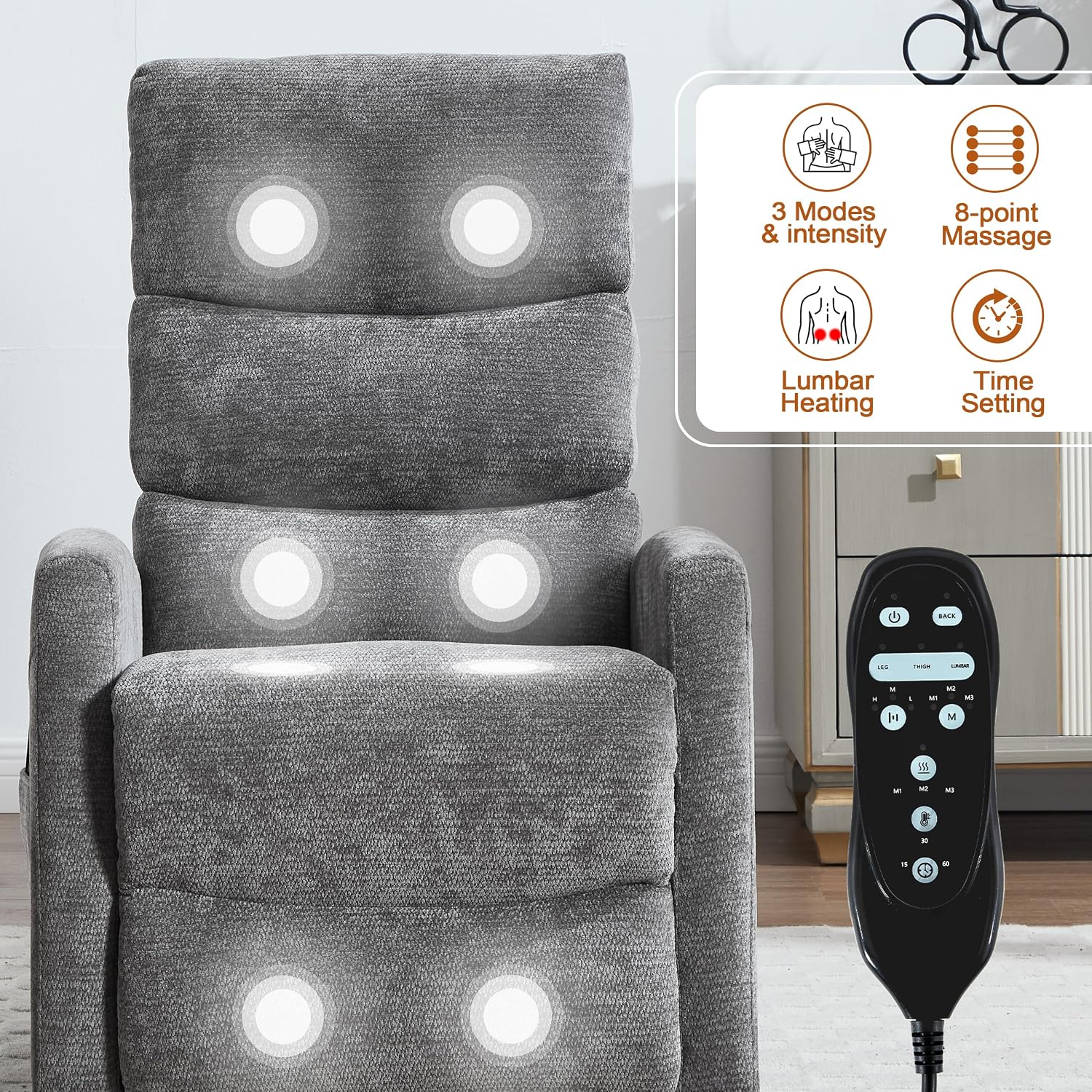 Luxlen Manual Swivel Rocker Recliner Chair with Massage, Overstuffed Recliner Glider with Vibration Massage and Heat for Nursery, Living Room Reclining Sofa Chair, Fabric Dark Gray