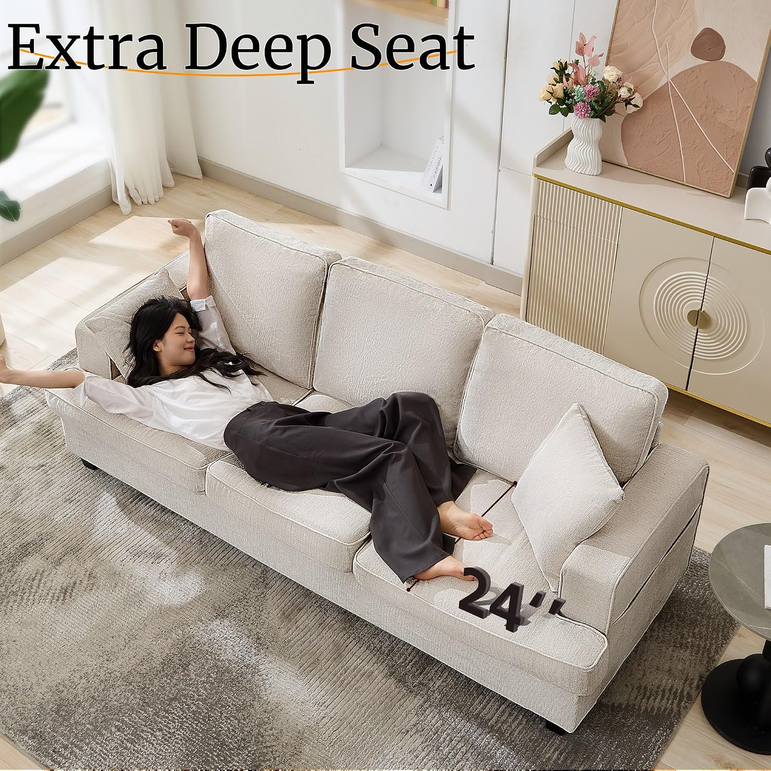 Couches for Living Room, Couch Sofa with Cloud Comfy Deep-Seat, 3 Seater Modern Chenile Sofas for Living Room Bedroom Office Apartment, Beige