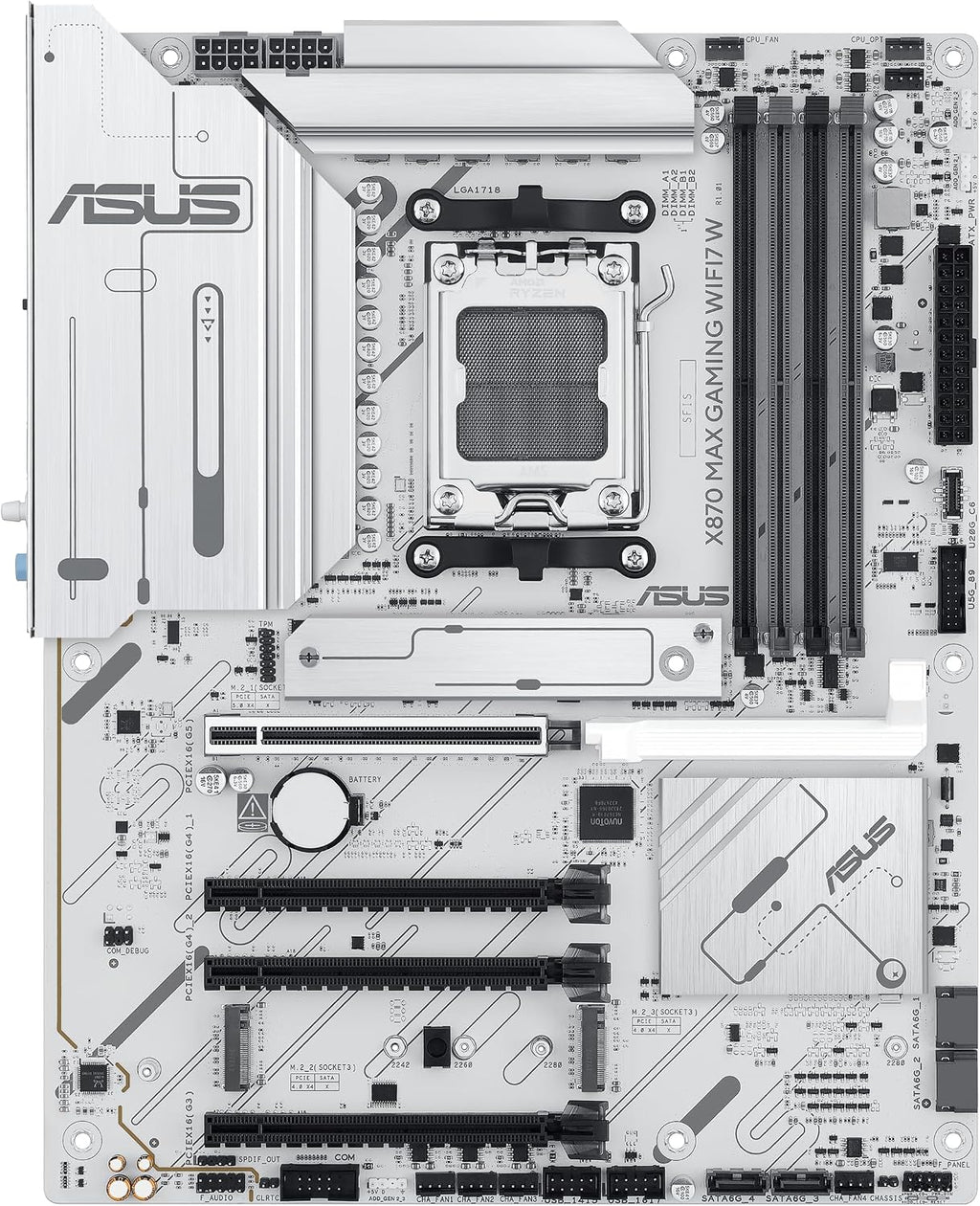 ASUS X870 MAX GAMING WIFI7 W AMD AM5 ATX Motherboard, 8-layer White PCB, 12+2+1 80A DrMOS, DDR5, PCIe 5.0 x16 Q-Release, 3x M.2, Wi-Fi 7 Q-Antenna, USB4® Type-C®, 2.5Gb LAN, BIOS FlashBack™, Aura Sync