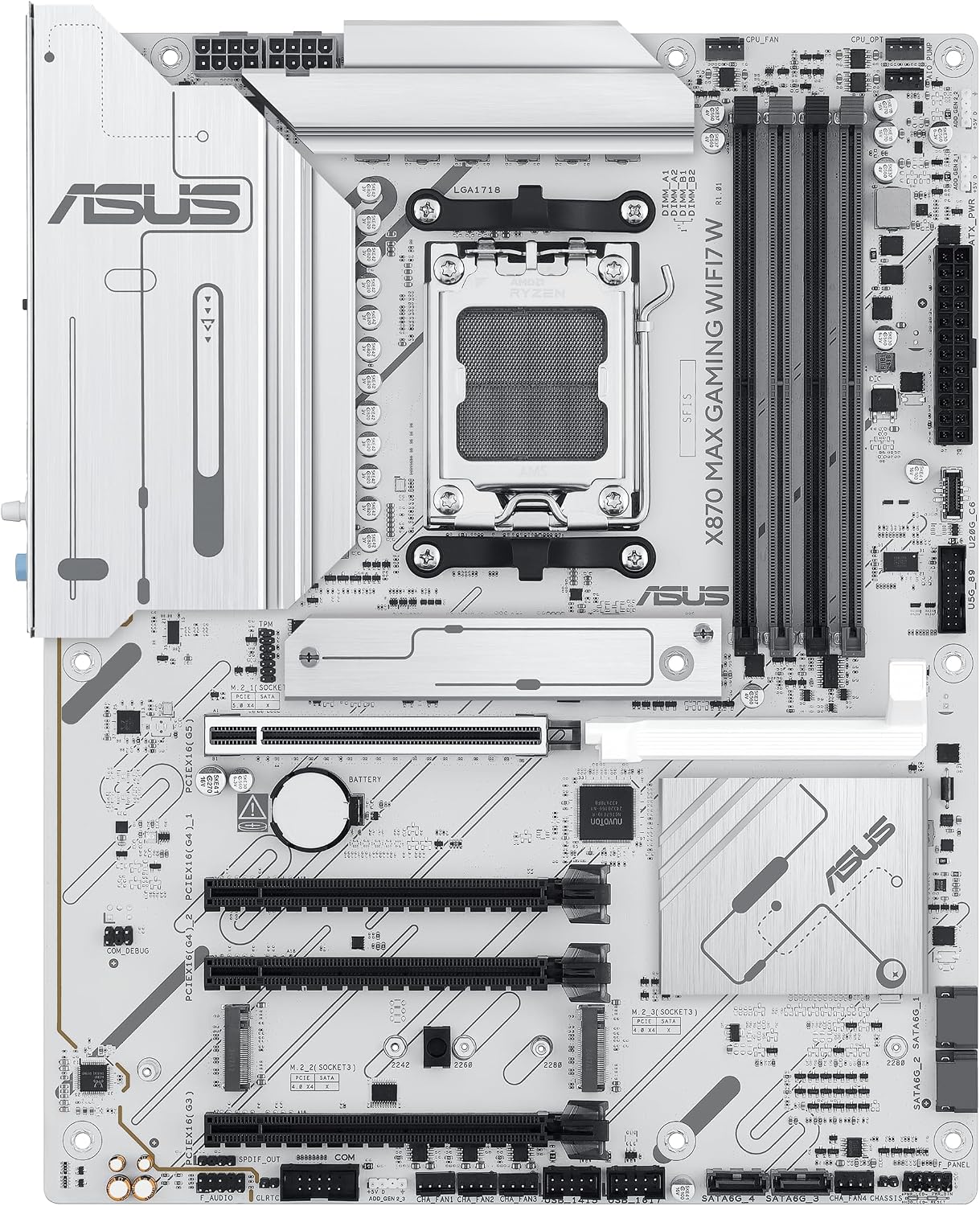 ASUS X870 MAX GAMING WIFI7 W AMD AM5 ATX Motherboard, 8-layer White PCB, 12+2+1 80A DrMOS, DDR5, PCIe 5.0 x16 Q-Release, 3x M.2, Wi-Fi 7 Q-Antenna, USB4® Type-C®, 2.5Gb LAN, BIOS FlashBack™, Aura Sync