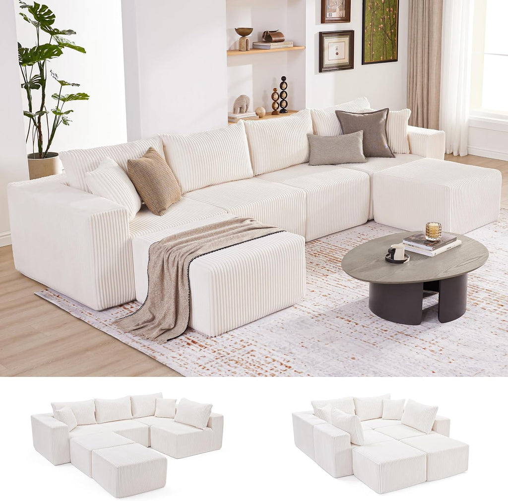 Weture 135.4' Cloud Couch Sectional, Modular Sectional Sofa with Deep Seat, Plush Corduroy U Shaped Boneless Couch, Convertible Sectional Couches for Living Room, 6Seat, Beige