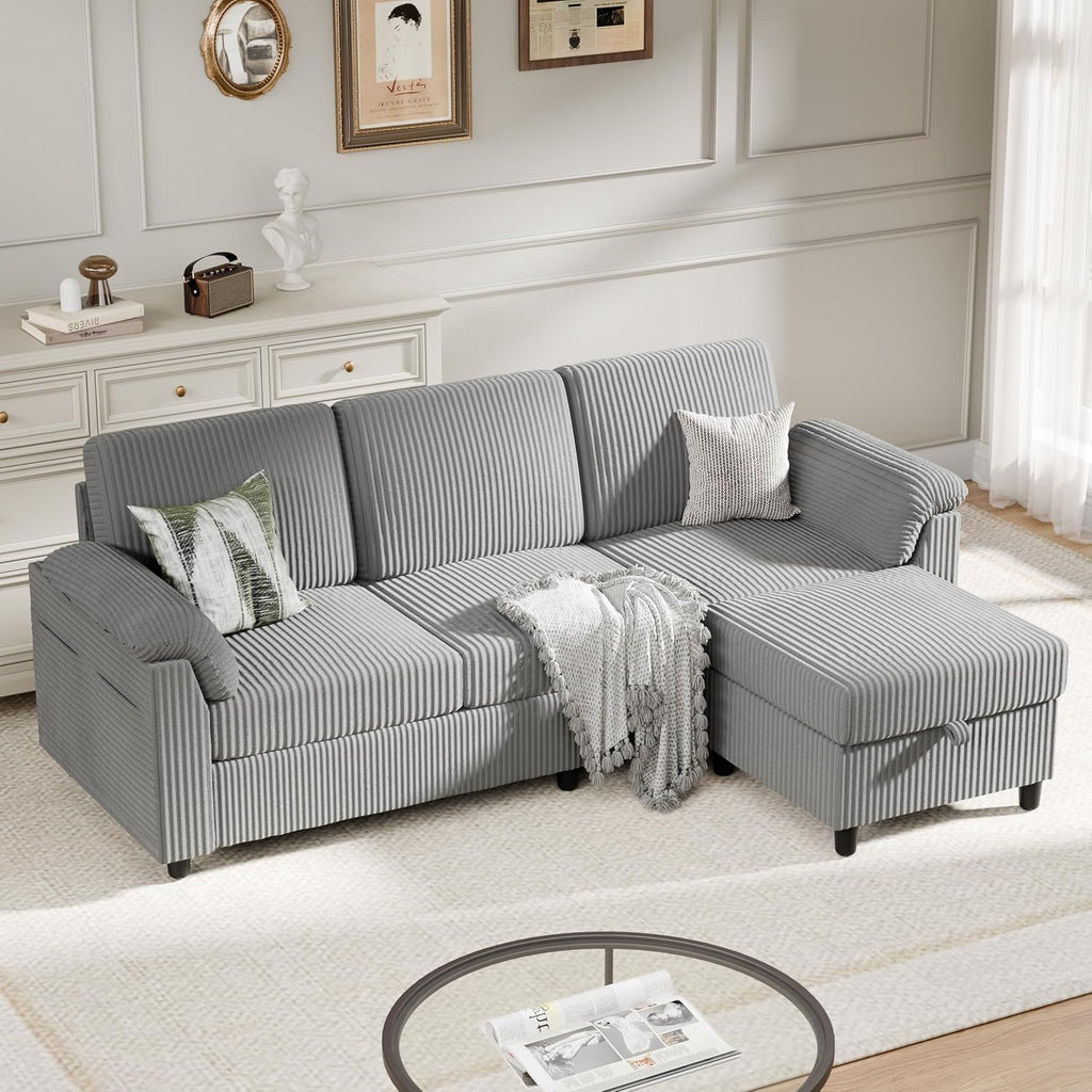Sectional Sofa Couch for Living Room, 79' Sectional Couches with Storage Ottoman, L Shaped Couch with Sloping Armrests, 3-Seat Sofa Couches for Small Space, Light Grey | Breathable Material