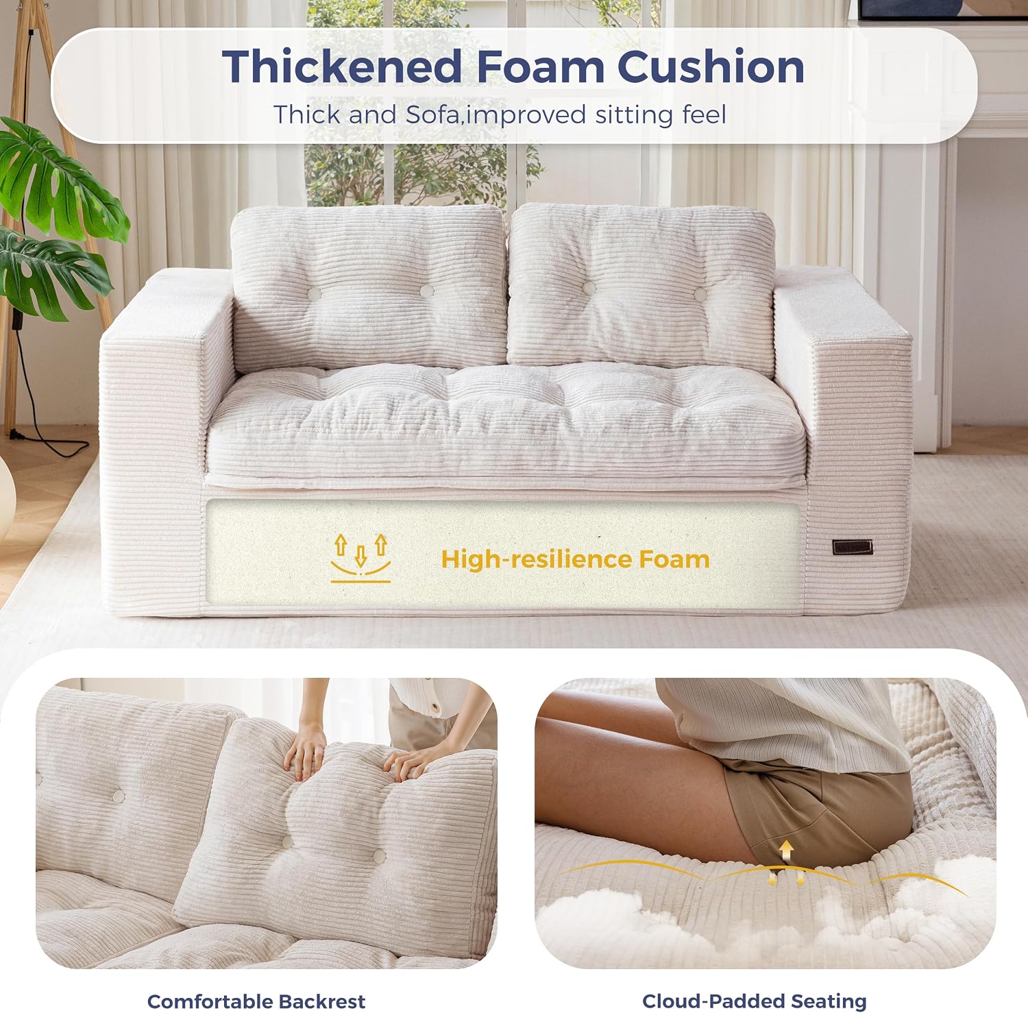 MAXYOYO Boneless Sofa Couch for Adults, Upholstered Floor Sofa with Armrests, Loveseat Couch with Cushion & Pillows, Sofa in A Box, Large Bean Bag Couch for Bedroom Living Room