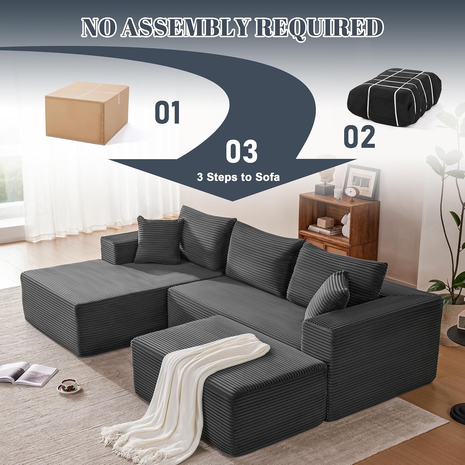 Mangodan 110' Cloud Sectional Couch, Modular Sectional Sofa with Deep Seat, Boneless Sofa for Living Room, Fluffy Comfy U-Shaped Couch with Left Facing Chaise, No Assembly Required, Grey