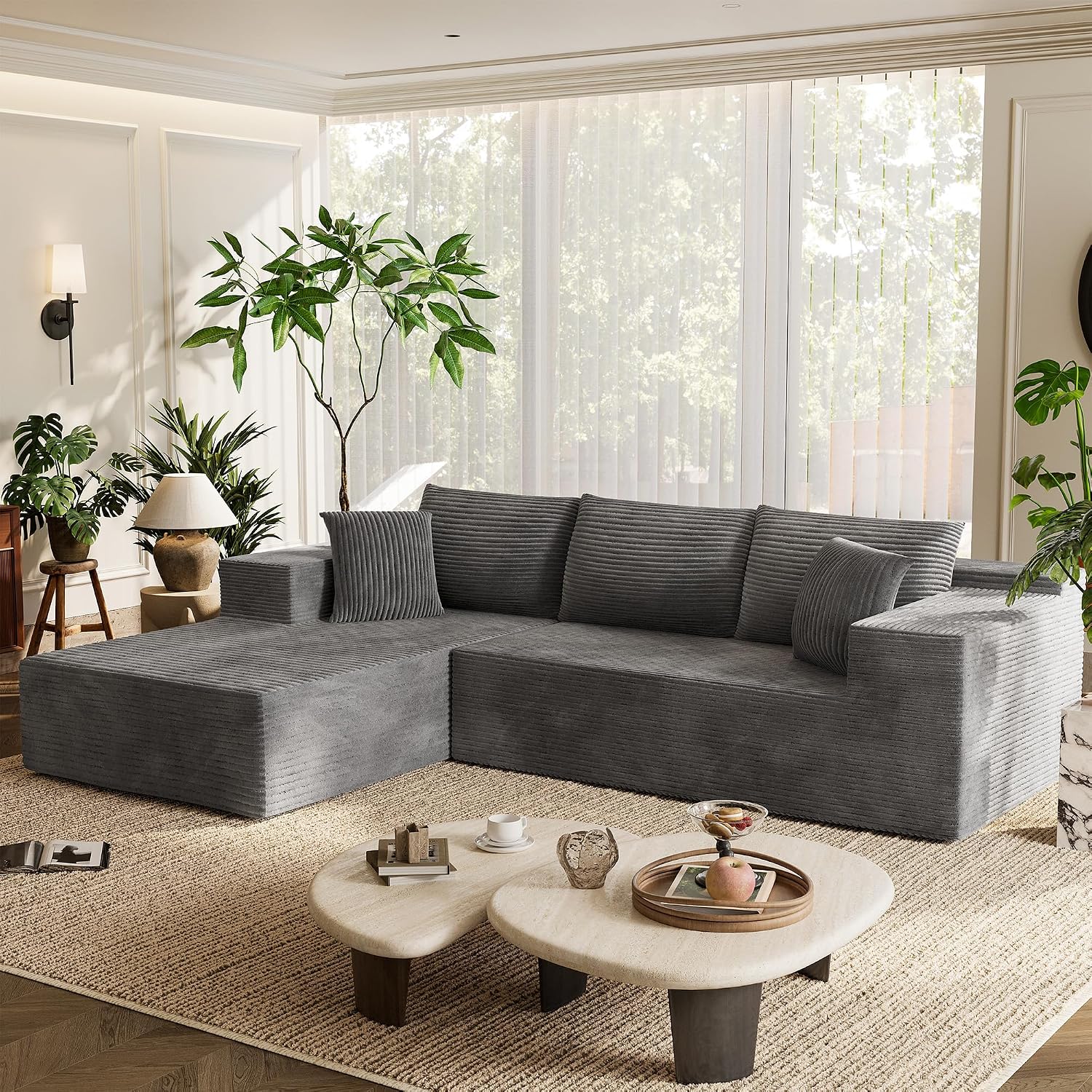 Homall 108' Modular Sectional Sofa, Boneless Couch with L-Shape Chaise, Cloud Couch with Deep Seat Upholstered, No Assembly Required for Living Room, Bedroom (Corduroy, Grey)