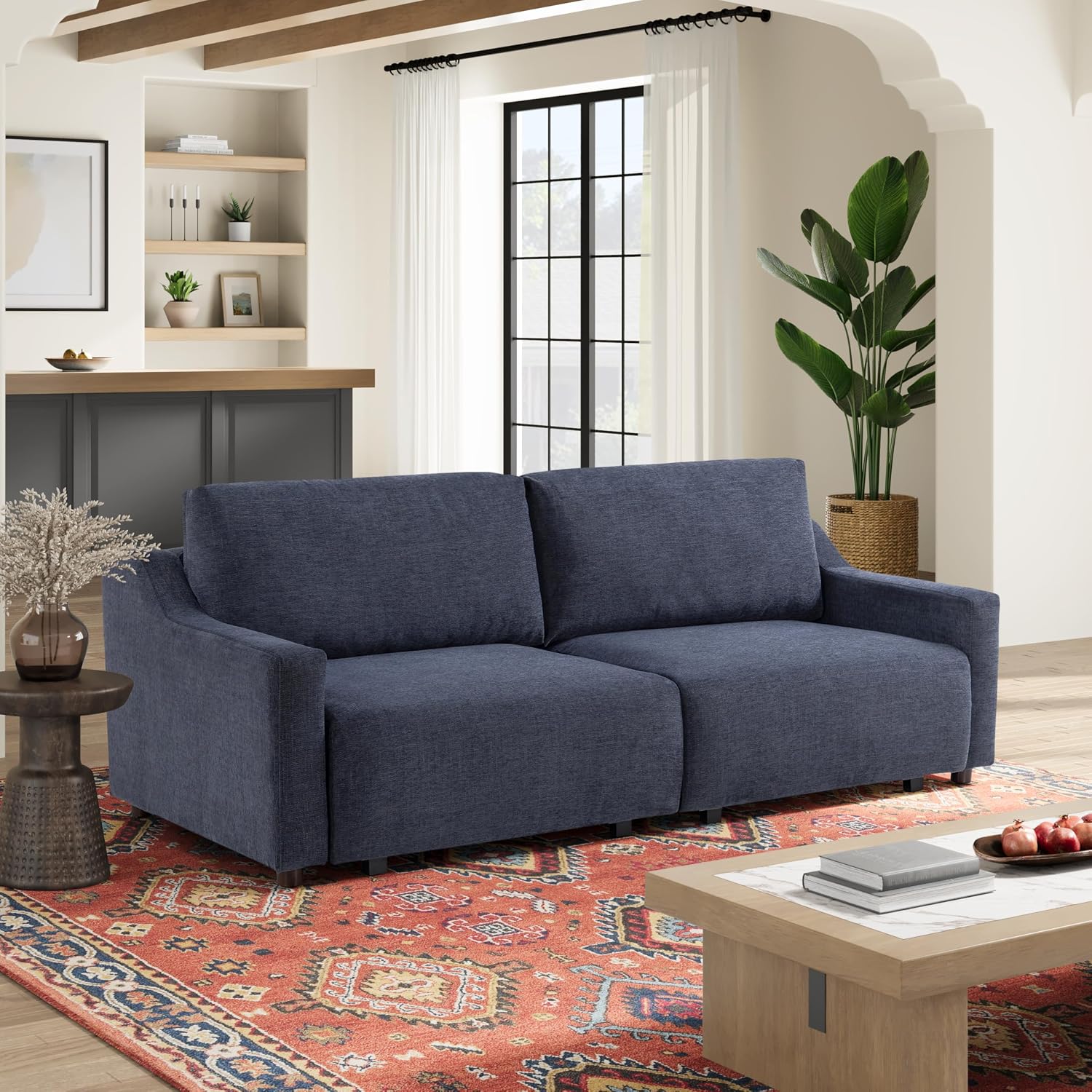 Serta Glendale 90.2' Queen Size Wall-Hugging Convertible Sofa, Dreamcoil Comfort, Chenille Fabric, Navy