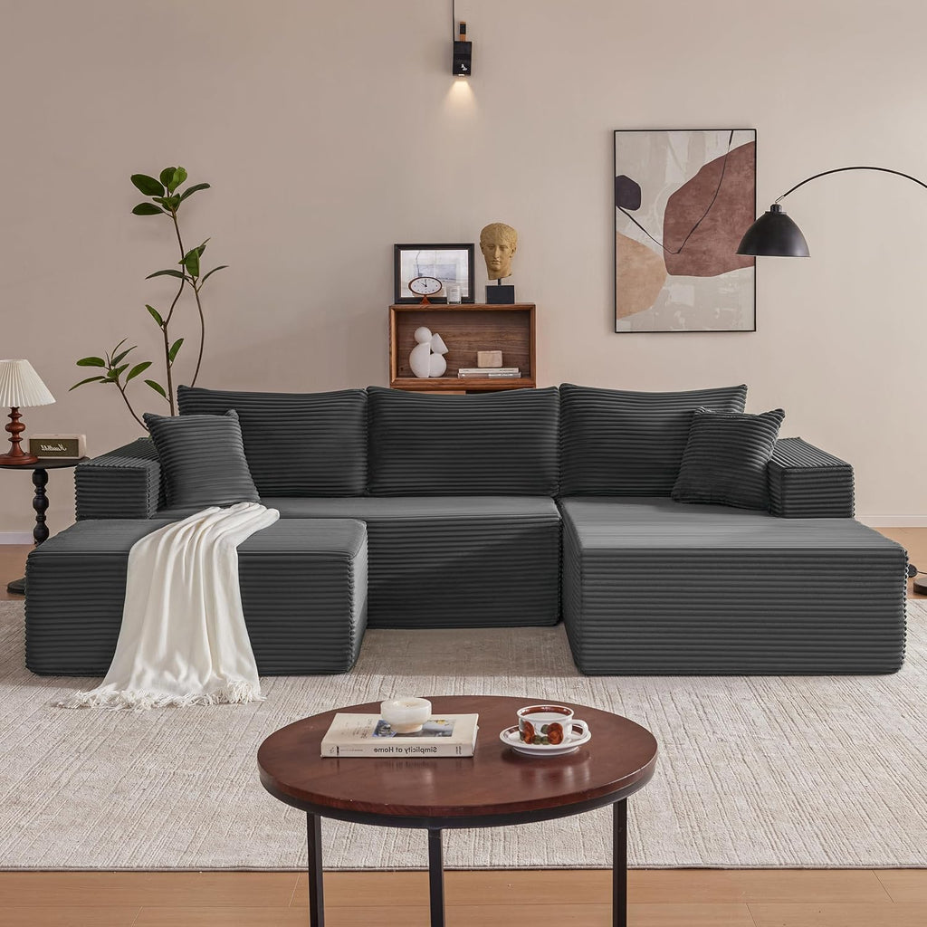 Mangodan 110' Cloud Sectional Couch, Boneless Sofa for Living Room, Modular Sectional Sofa with Deep Seat, Comfy Fluffy U-Shaped Couch with Right-Facing Chaise, No Assembly Required, Grey