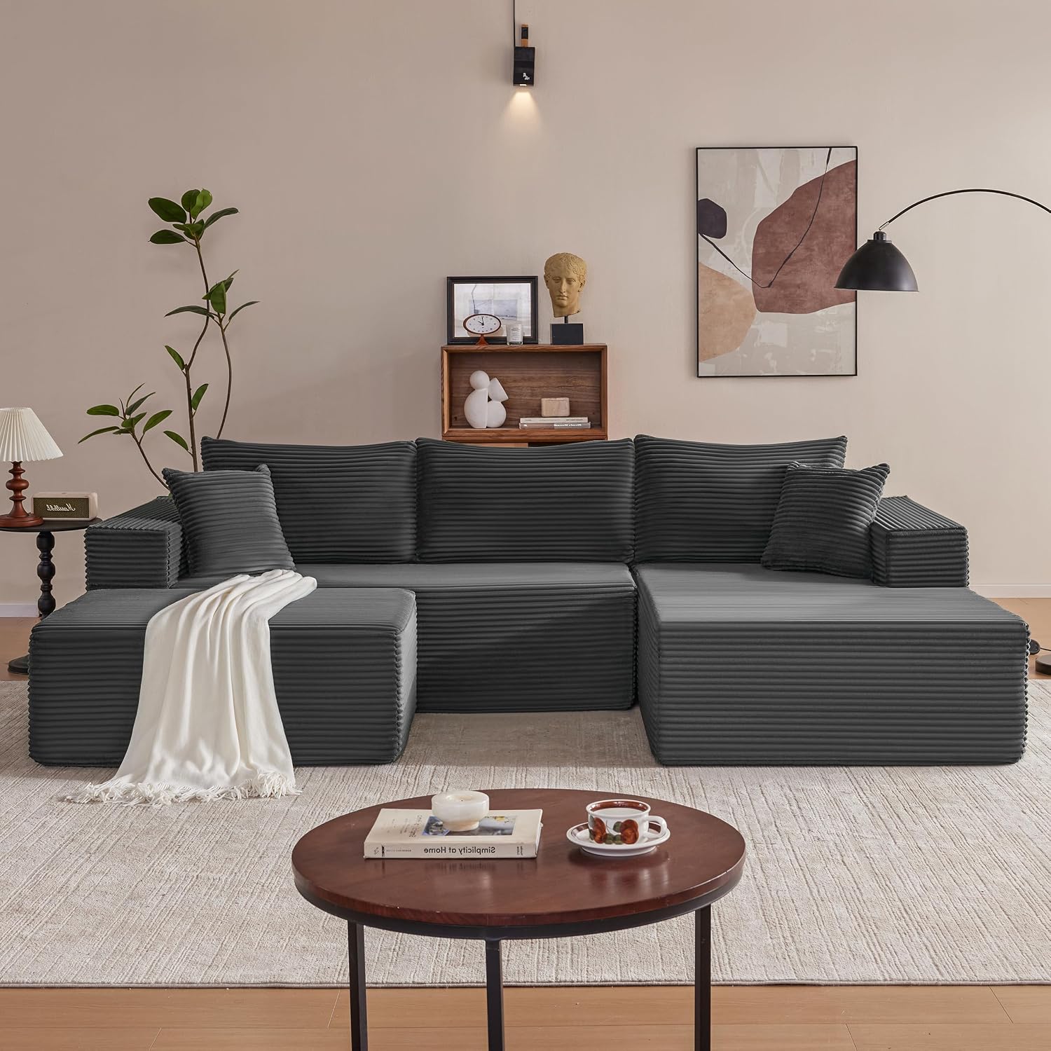 Mangodan 110' Cloud Sectional Couch, Boneless Sofa for Living Room, Modular Sectional Sofa with Deep Seat, Comfy Fluffy U-Shaped Couch with Right-Facing Chaise, No Assembly Required, Grey