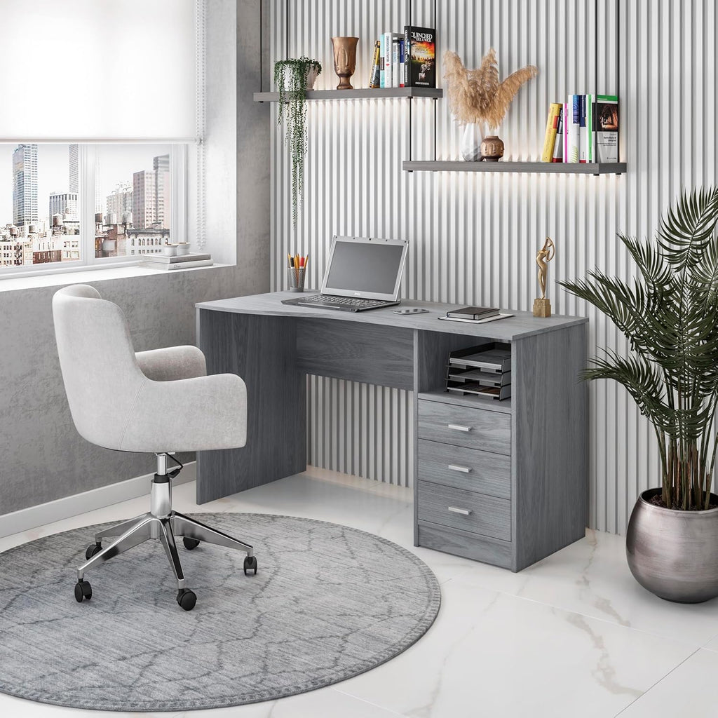 Techni Mobili 51' Classic Computer Desk with Drawers, 3-Drawer Home Office Desk with Storage (Light Grey)