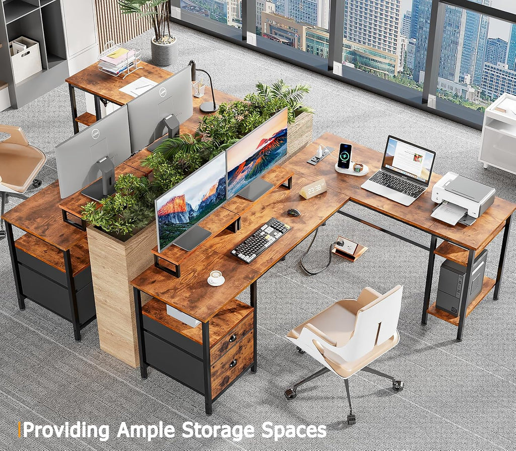 Furologee 66' L Shaped Desk with Power Outlet, Reversible Home Office Desk with File Drawer, 2 Monitor Stands, Storage Shelves, Corner Computer Table for Gaming, Writing, Rustic Brown